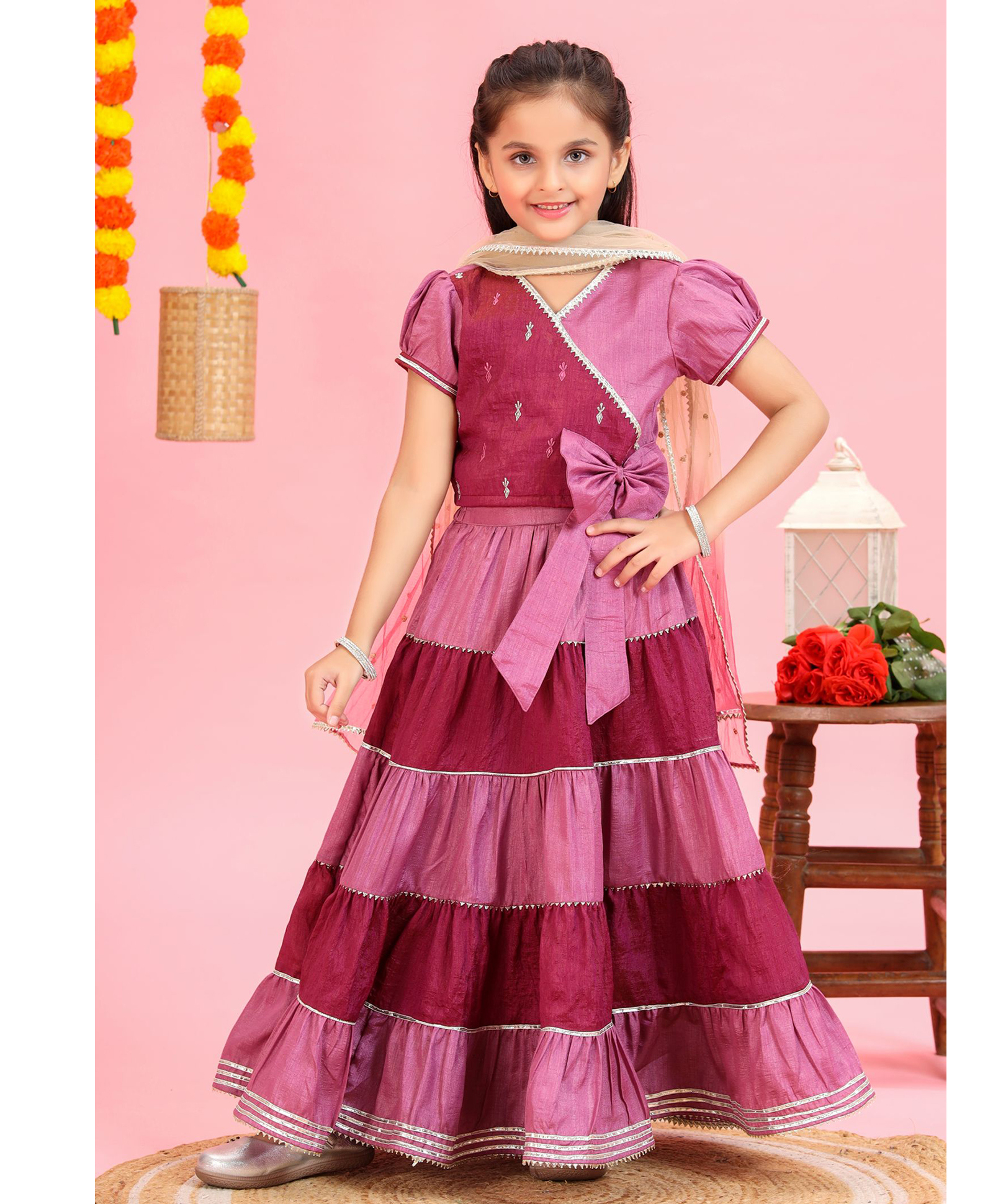 MASTARANG Blended Woven Half Puffed Sleeves Abstract Embroidered & Lace Embellished Choli Tiered Lehenga With Dupatta Set - Wine-picture-22