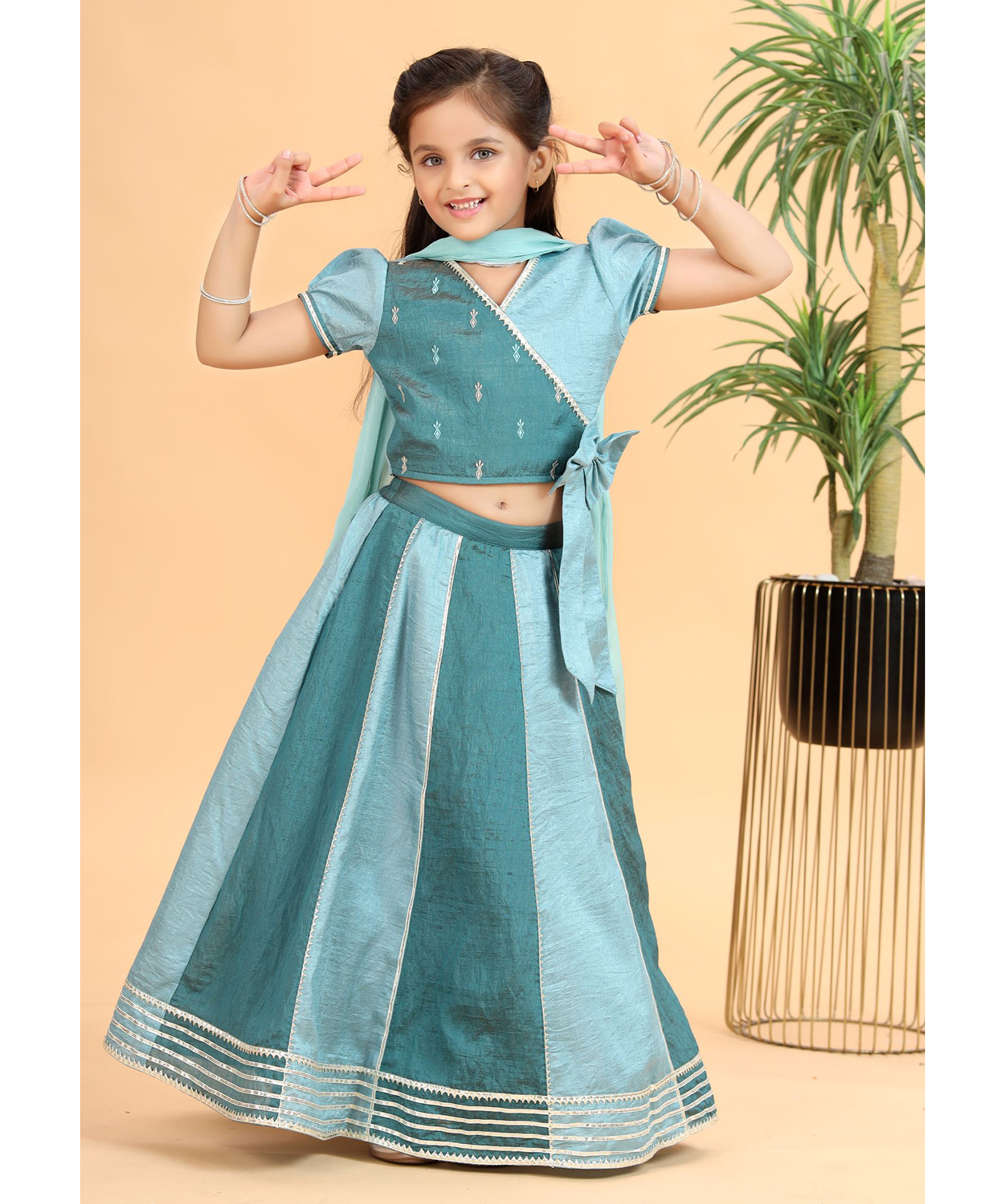 MASTARANG Blended Woven Half Puffed Sleeves Abstract Embroidered & Lace Embellished Choli Tiered Lehenga With Dupatta Set - Teal Blue-picture-28