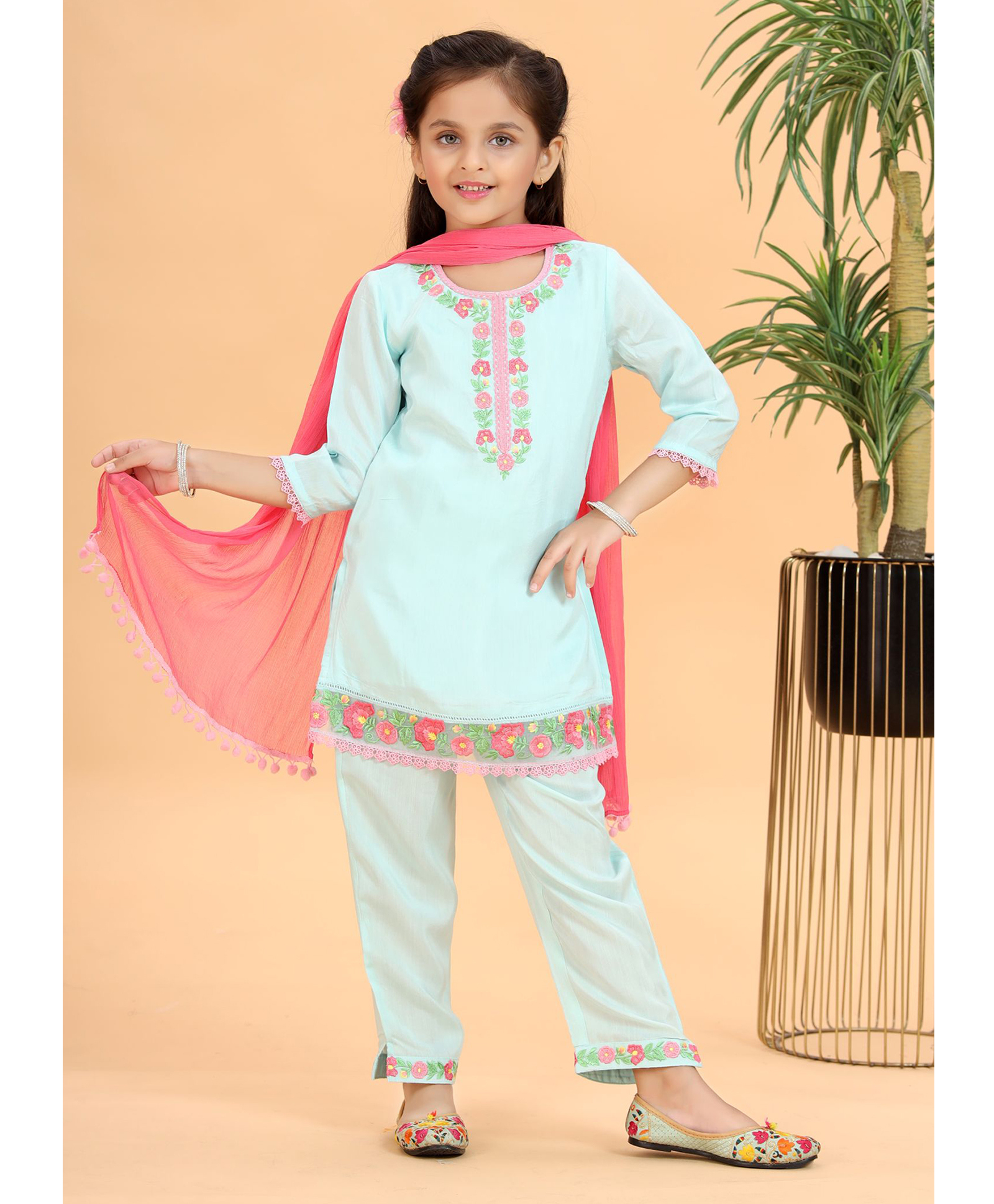 MASTARANG Cotton Woven Three Fourth Sleeves Placket Floral Embroidered Kurti Pant Set - Aqua-image-35