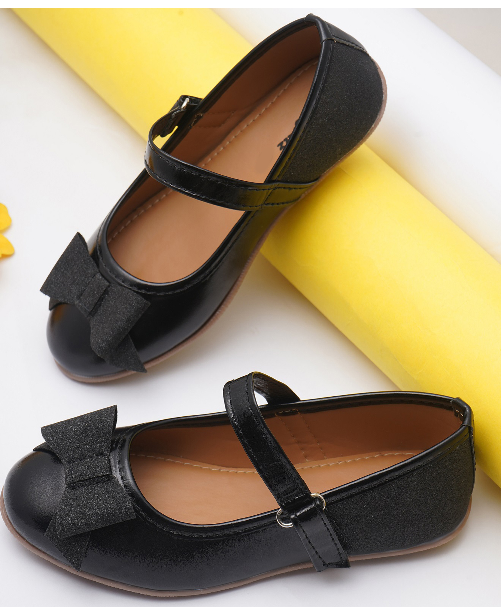 boyz n galz Glittered Bow Applique Detailed Velcro Closure Mary Jane Ballerinas - Black