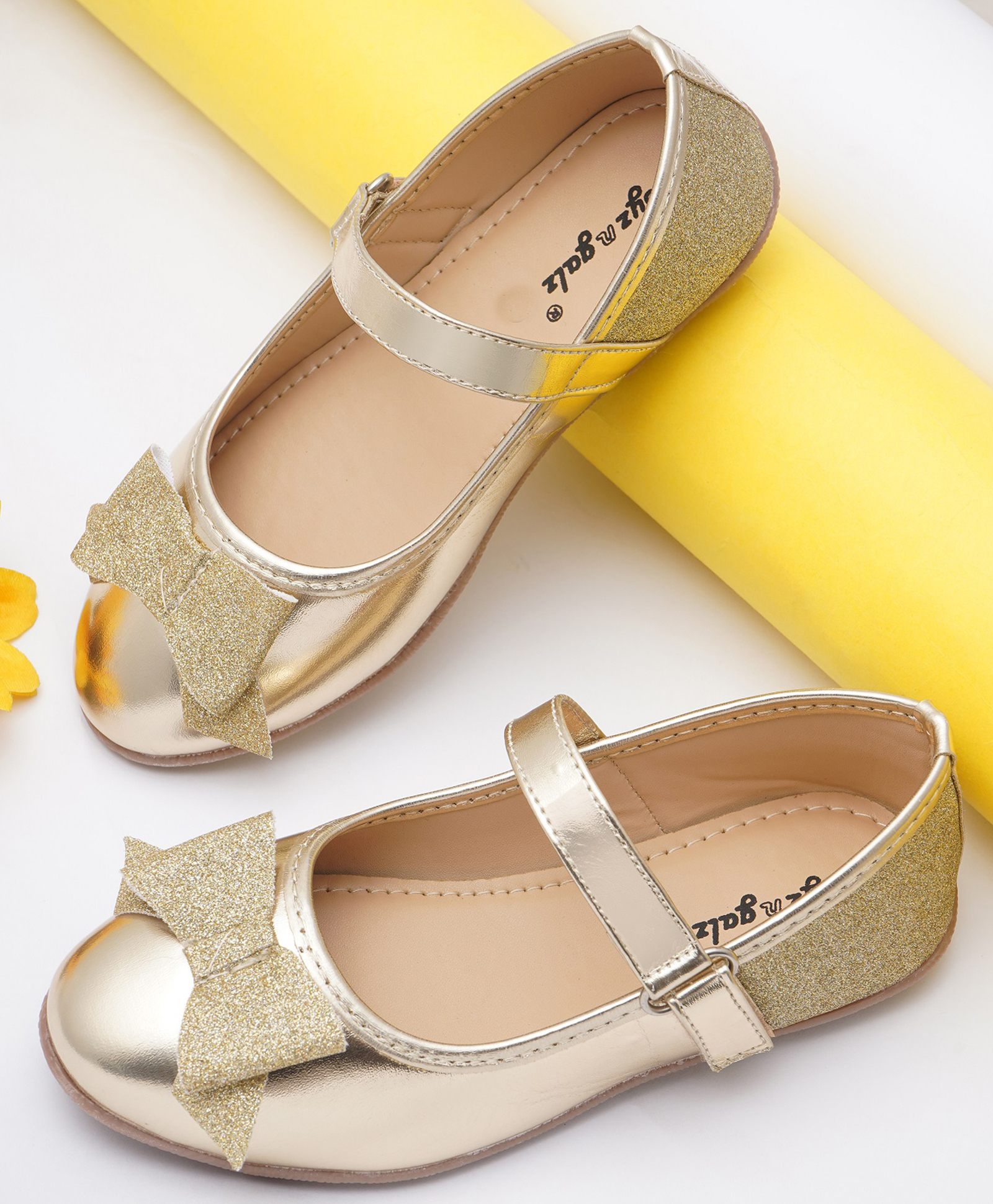 boyz n galz Glittered Bow Applique Detailed Velcro Closure Mary Jane Ballerinas - Gold-picture-20
