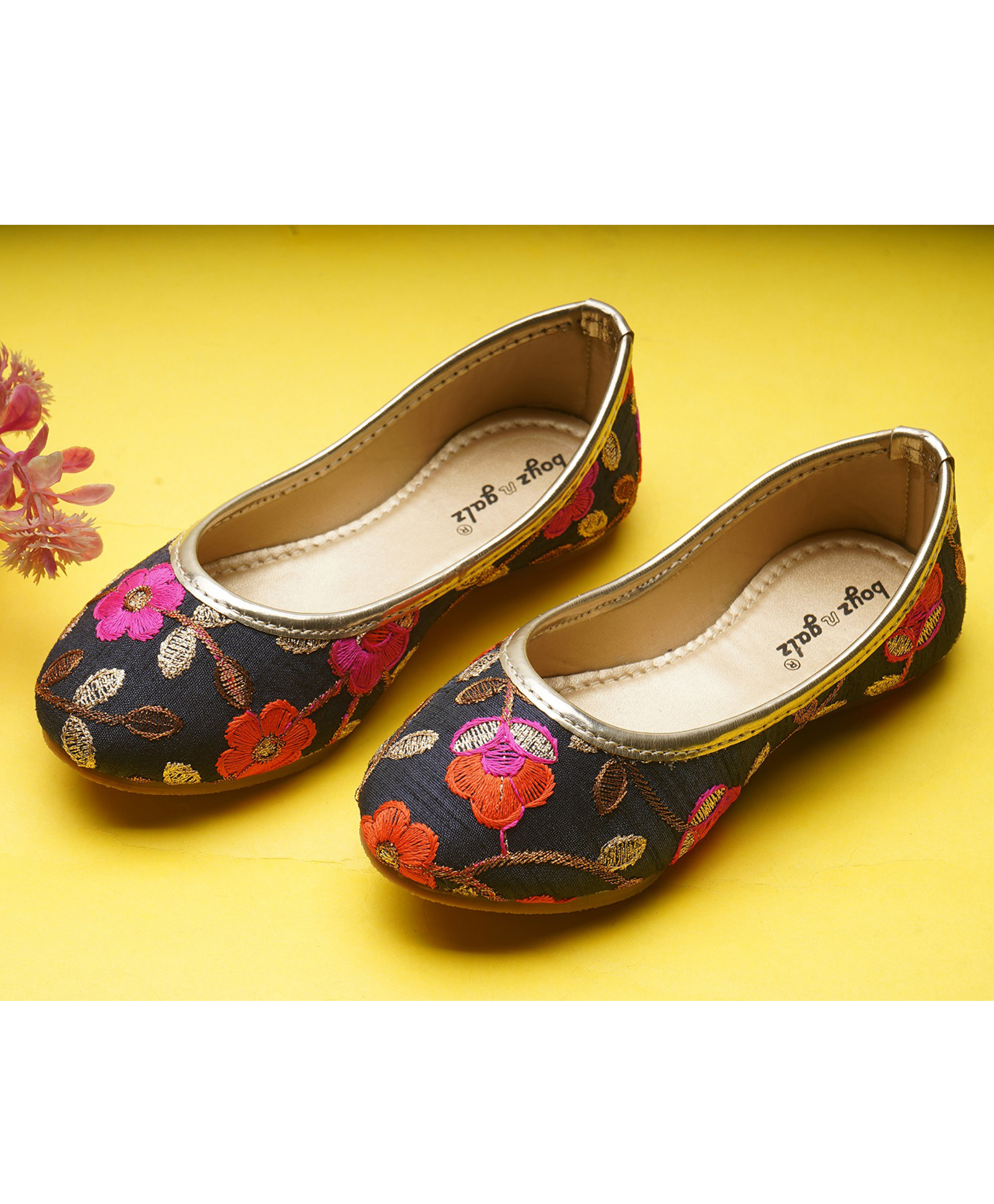 boyz n galz Floral Embroidered Mojaris - Navy Blue