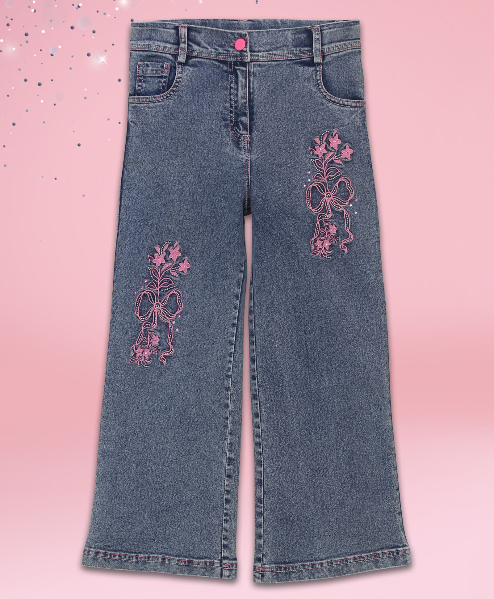 Cutecumber Denim Woven Floral Embrodered Straight Fit Jeans - Blue-picture-24