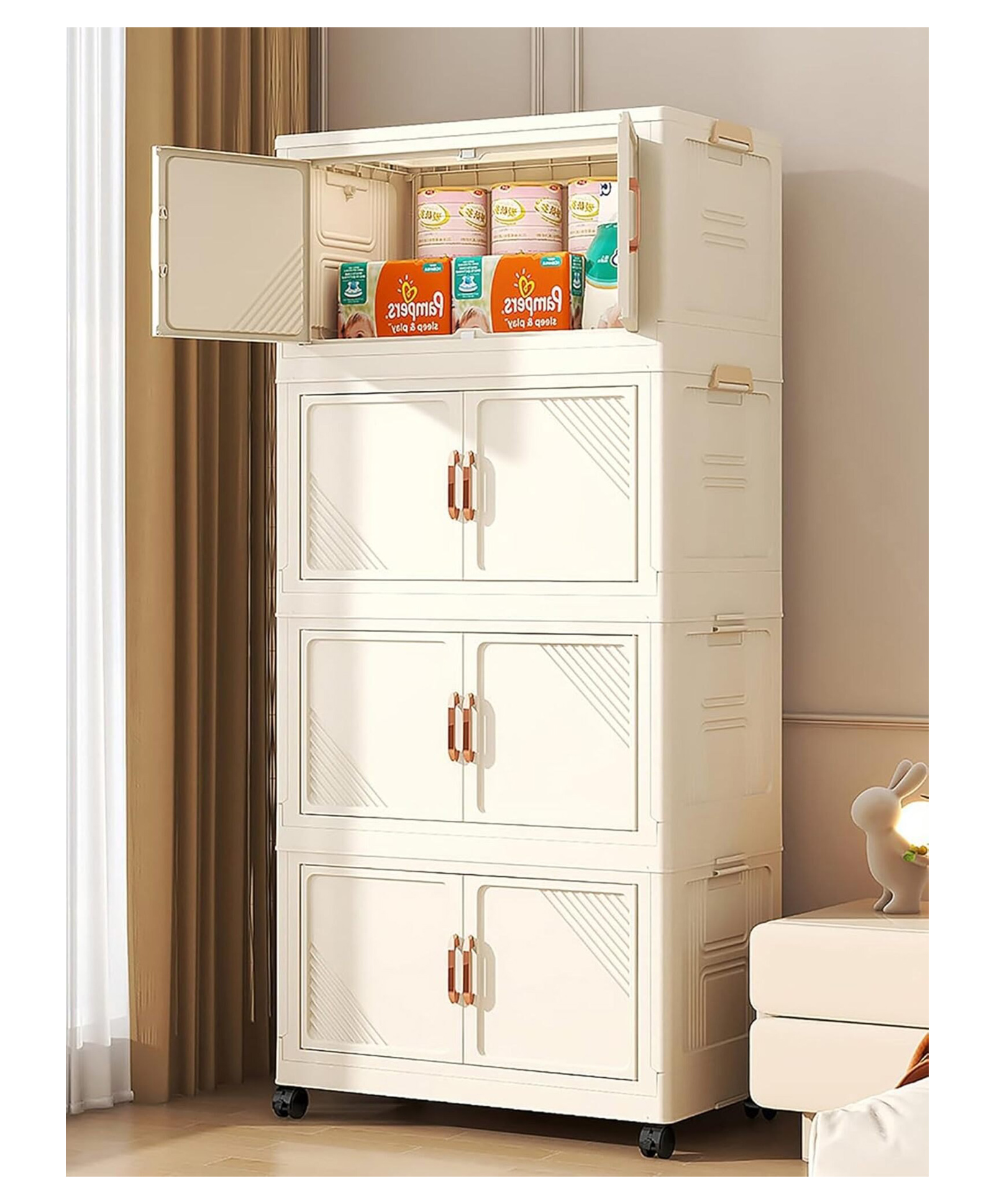 House Of Quirk Plastic Storage Bins for Closet Organizers Folding Storage Box Stackable Storage Bins with Open Front Door Collapsible Storage Box 45cm-4 Layer - Beige-image-42