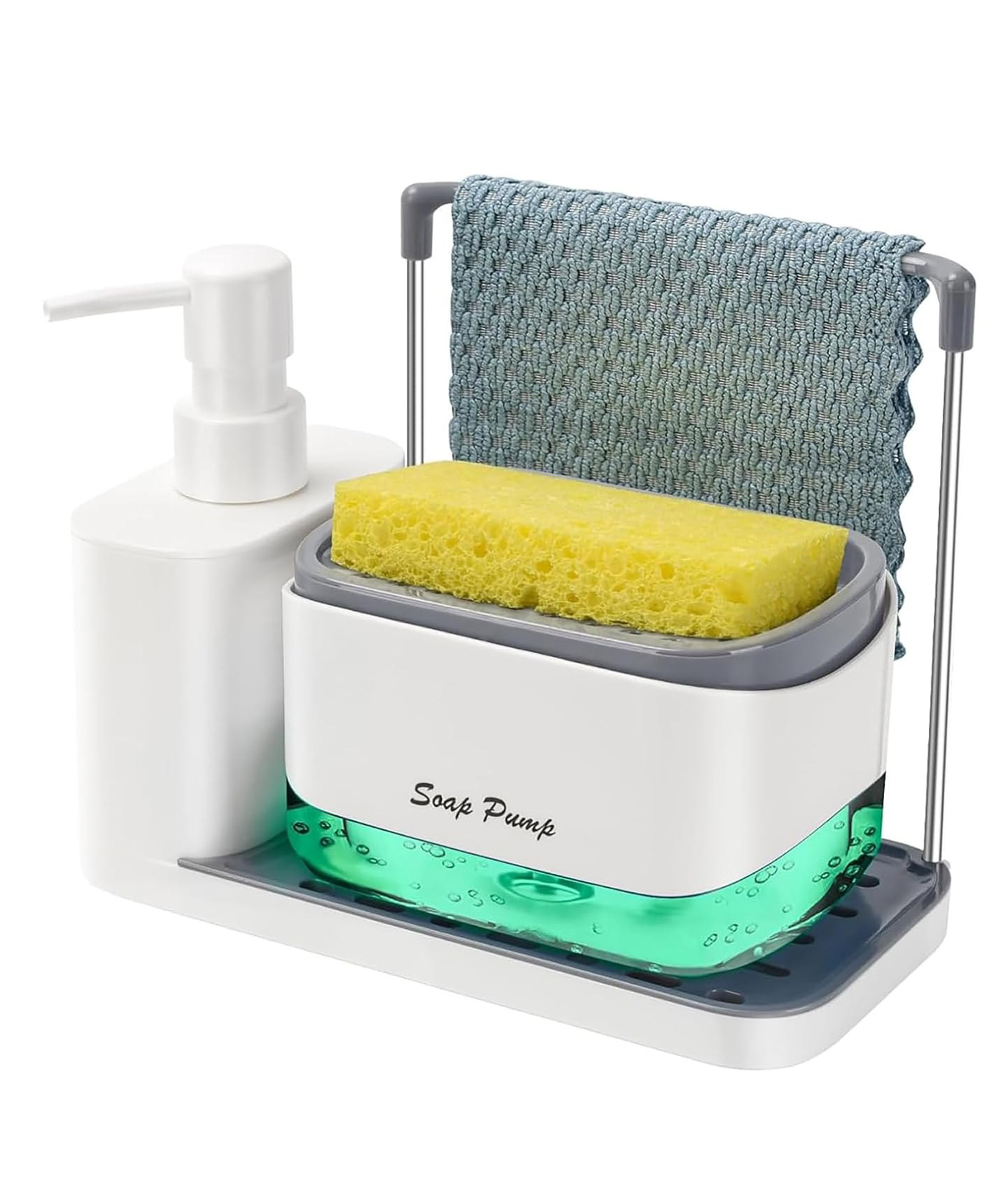 House Of Quirk 5-in-1 Kitchen Soap Dispenser Set with Tray, Sponge Holder Dishcloth Rack Dish & Hand Soap Pump Bottles, Sink Countertop Organizer for Kitchen Storage - White-picture-16