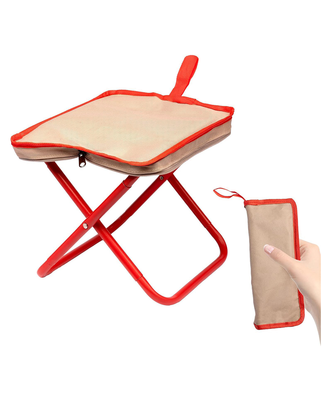 House of Quirk Portable Folding Camping Stool with Carry Bag Lightweight 10" Collapsible Camp Chair 1.6 lbs Outdoor Footstool for Travel Hiking Fishing Picnic & BBQ - Beige/Red-picture-11