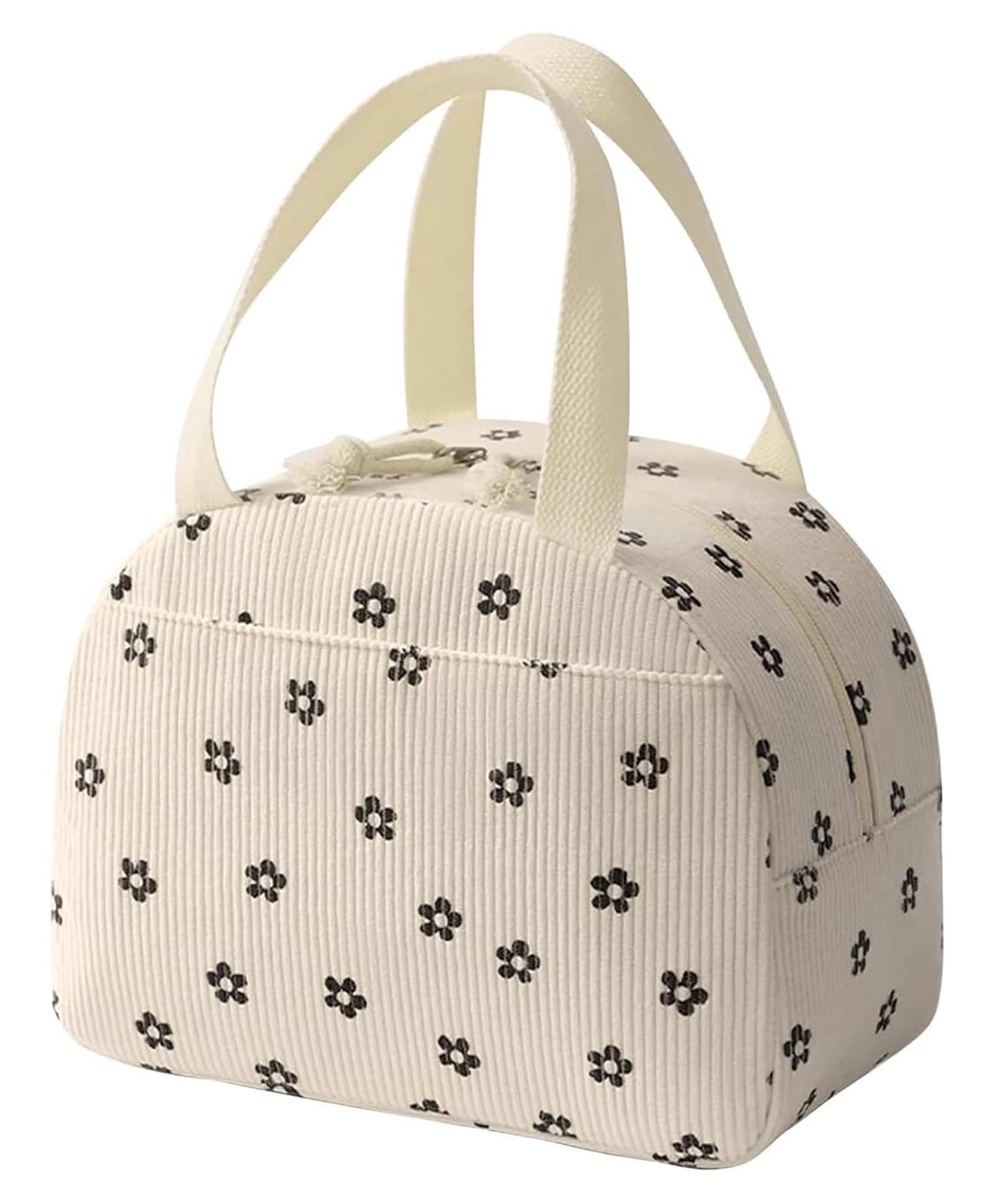 House Of Quirk Corduroy Insulated Lunch Bag Reusable Tote for Office Picnic & Travel - Beige/Black Flower-picture-17