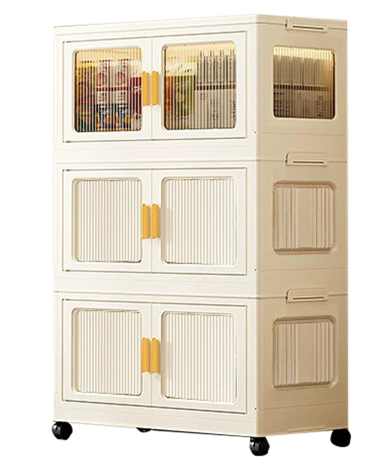 House Of Quirk 3 Layer Storage Box Cabinet Wardrobe with Wheels Durable Plastic Foldable Closet Organizer for Clothes Bags and Living Room Storage - 45cm - Cream