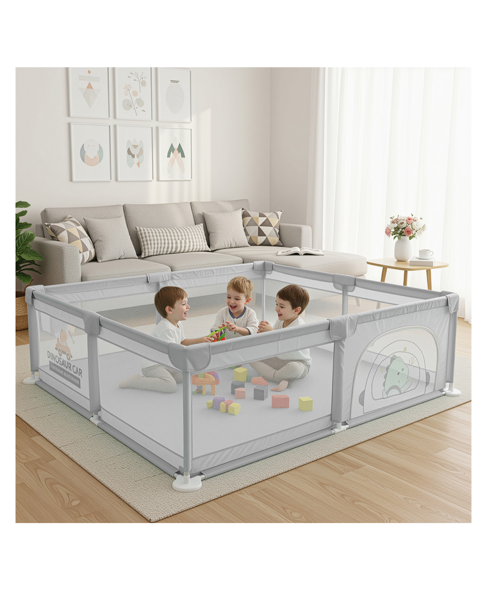 BAYBEE JoyHub Kids Playpen for Babies | Baby Play Area Indoor Setup with Zipper Door & Toys Pouch | Kids Activity Playards with Corner Protection ( 200 x 180 cm - Light Grey)-image-39