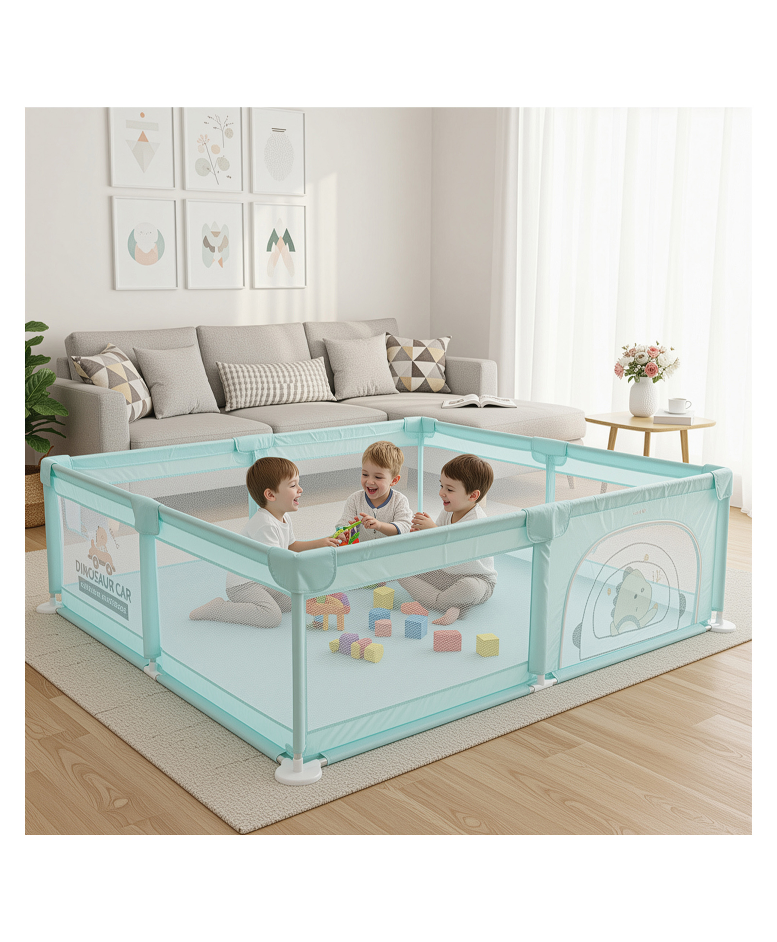 Baybee JoyHub Kids Playpen for Babies | Baby Play Area Indoor Setup with Zipper Door & Toys Pouch | Kids Activity Playards with Corner Protection ( 200 x 180 cm - Green)-image-14