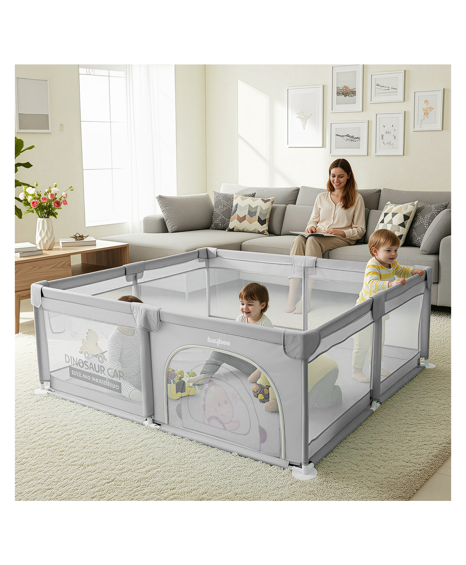 BAYBEE Nestoria Kids Playpen for Babies | Baby Play Area Indoor Setup with Zipper Door & Toys Pouch | Kids Activity Playards with Corner Protection (180 x 150 CM - Light Grey)