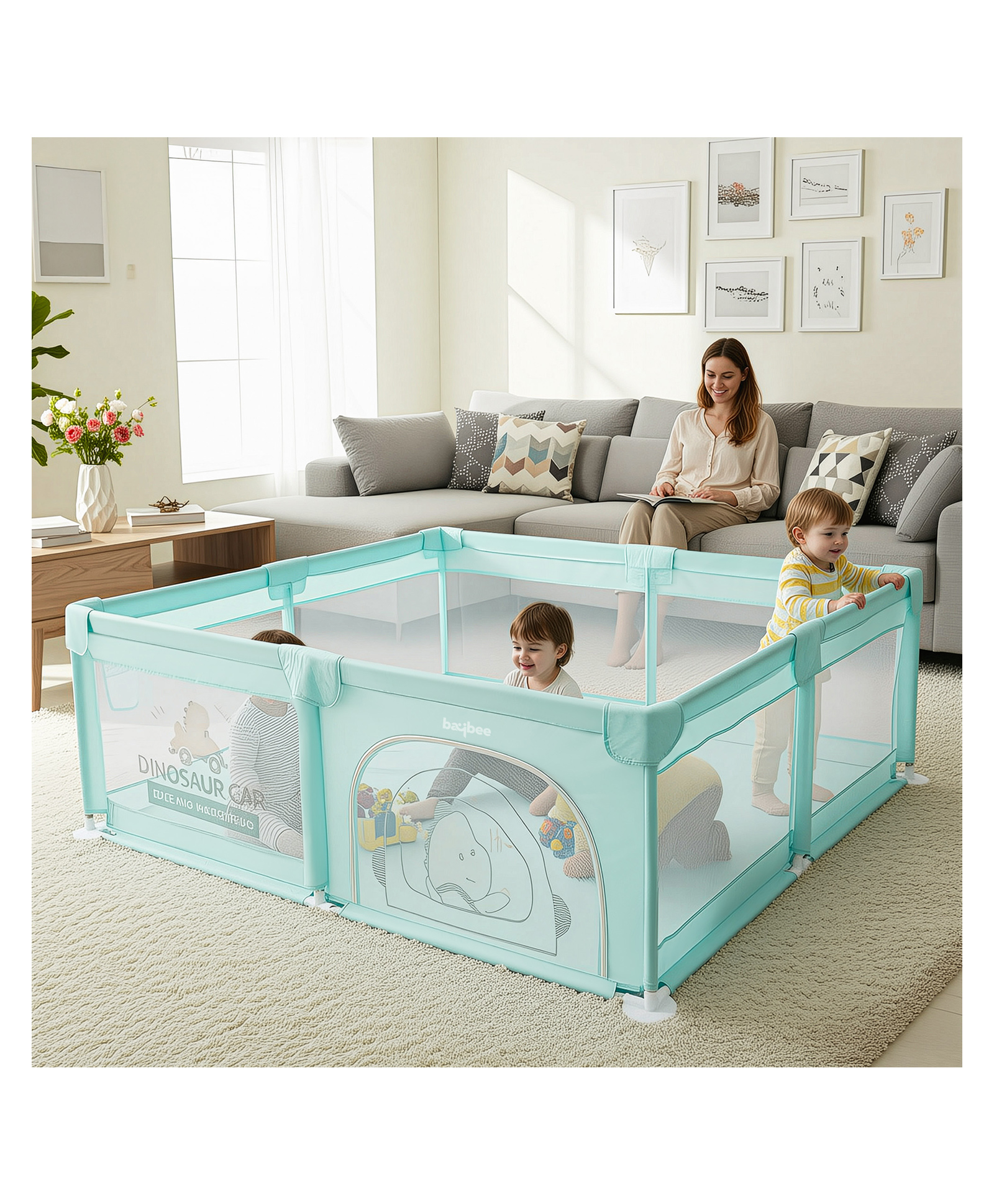 BAYBEE Nestoria Kids Playpen for Babies | Baby Play Area Indoor Setup with Zipper Door & Toys Pouch | Kids Activity Playards with Corner Protection (180 x 150 CM - Green)-picture-13
