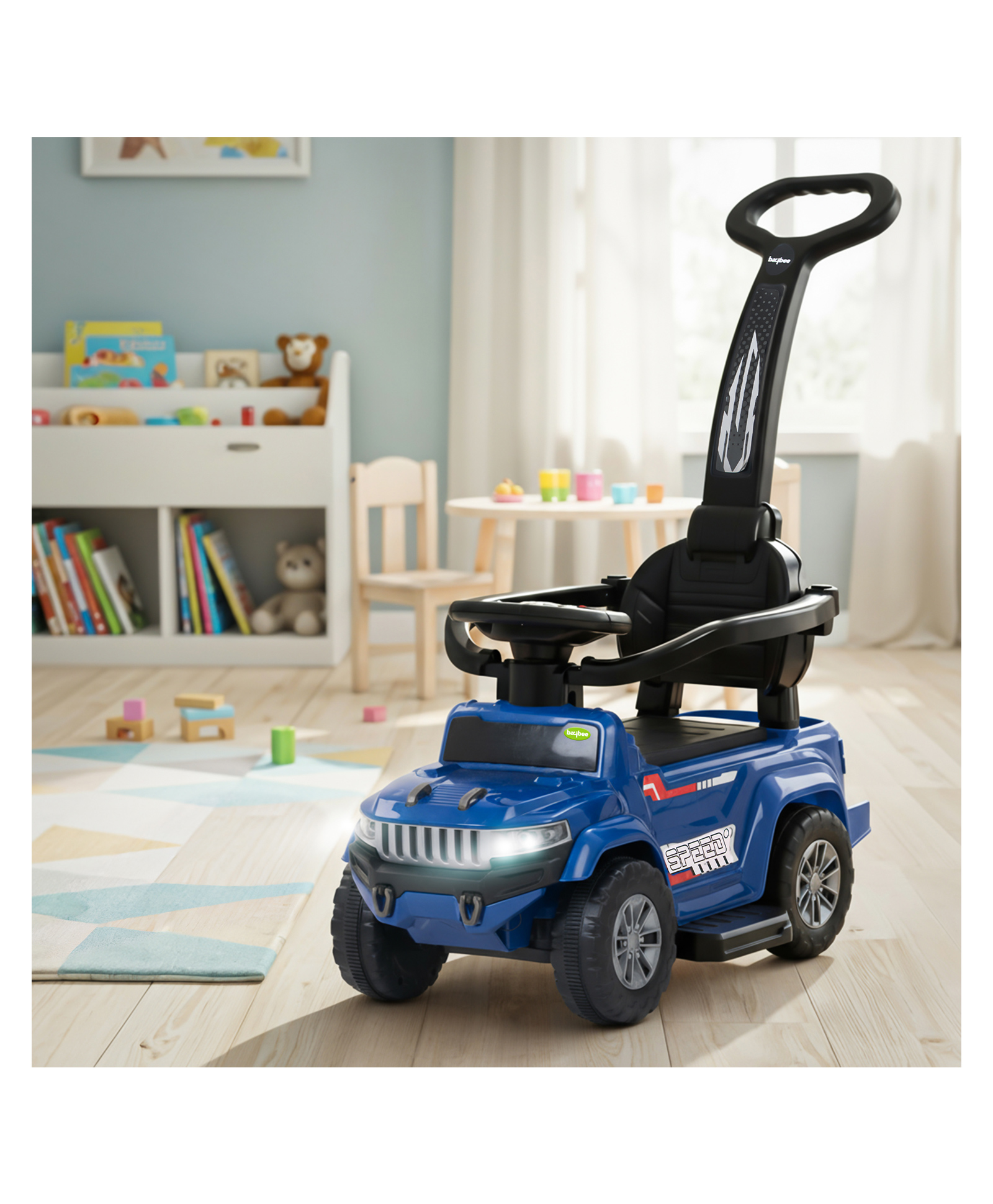 Baybee Speedy Pro Ride on Cars for Kids | Portable Baby Push Rideons with Parental Handle & Safety Guardrail | Kids Car with LED Lights, Music & Backrest | Ride on Car for Baby (Blue)