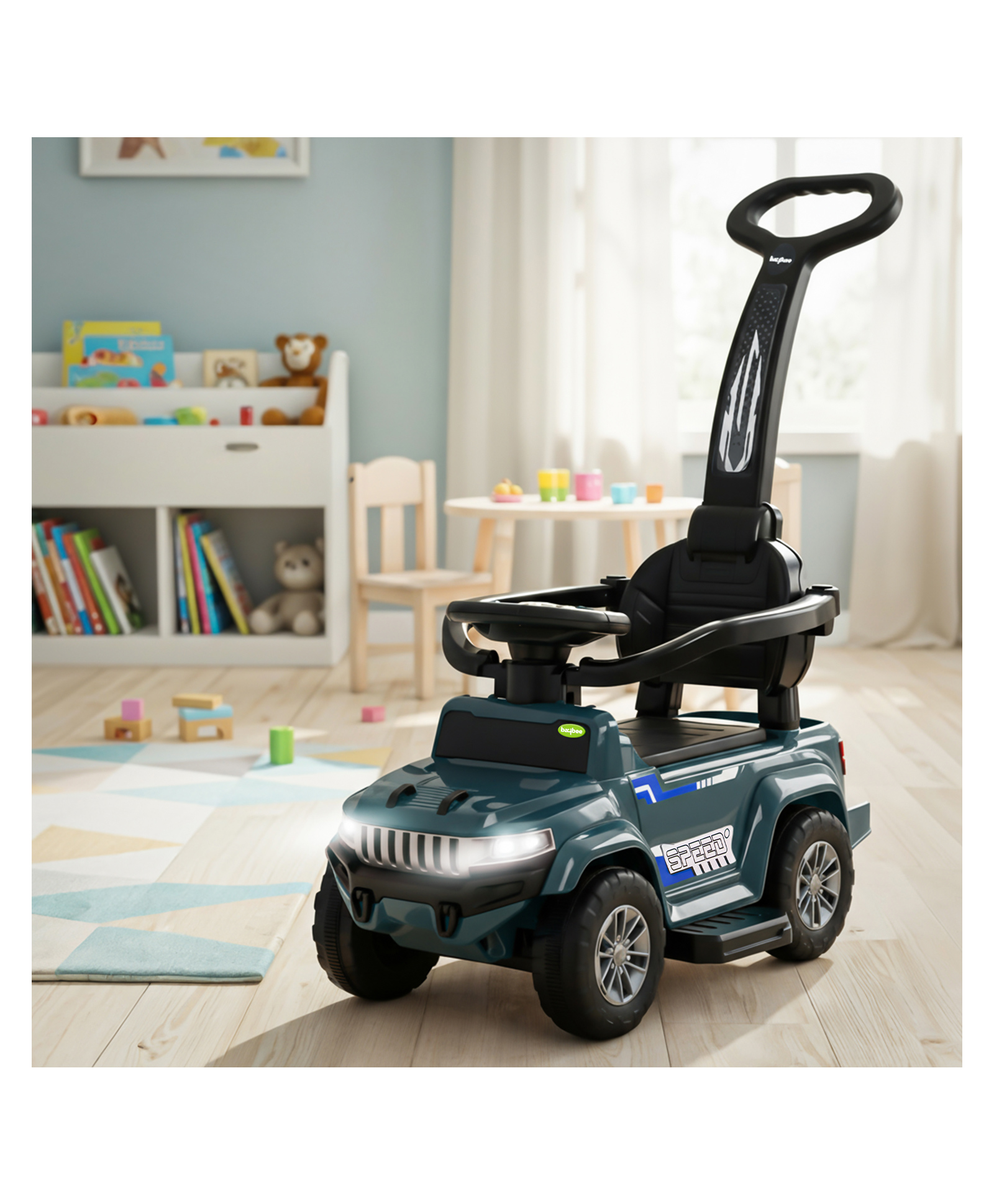 Baybee Speedy Pro Ride on Cars for Kids | Portable Baby Push Rideons with Parental Handle & Safety Guardrail | Kids Car with LED Lights, Music & Backrest | Ride on Car for Baby (Dark Blue)