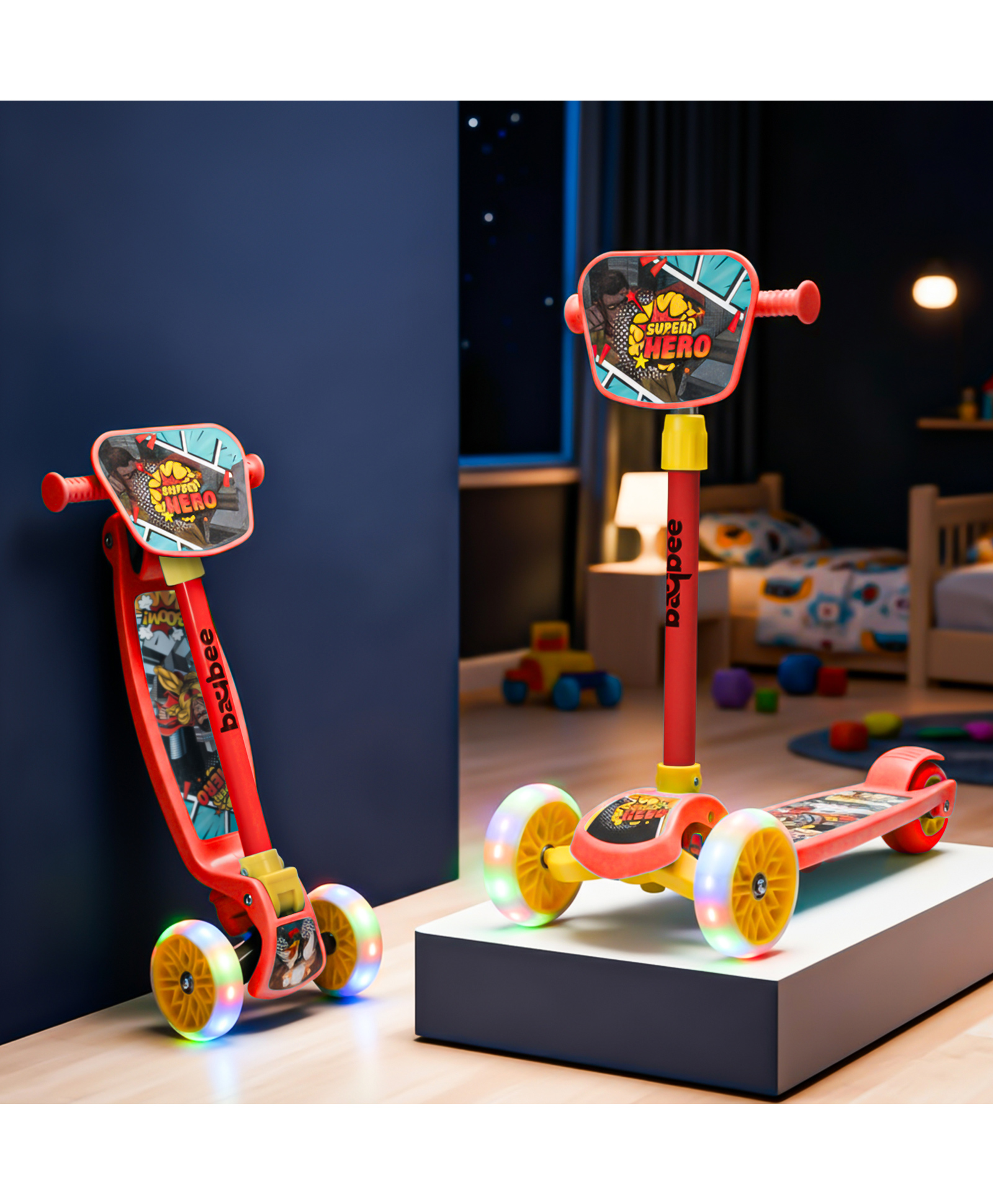 Baybee Joyster Kick Scooter for Kids with 4 Height Adjustable | Foldable Runner Scooters with Magic Board & LED Lights | 3 Wheel Baby Scooters with Rear Brake, Skate Scooter for kids(Orange)-picture-39