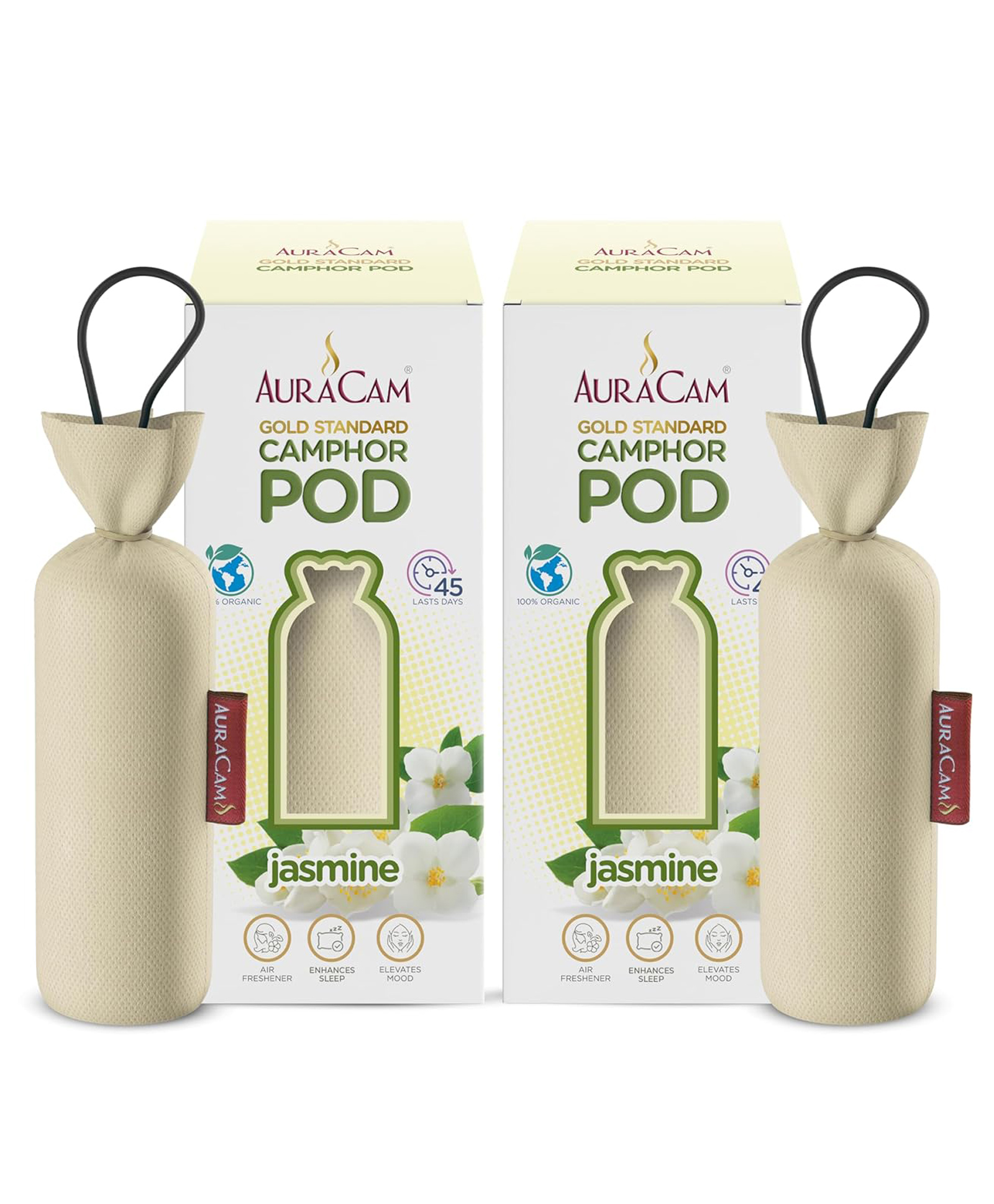 AuraCam Gold Standard Camphor Pod Cone (Jasmine) - Set of 2 - Pod Air freshener For Room, Car, Bathroom, Office & Toilet | Long-Lasting Cone for Home-image-1