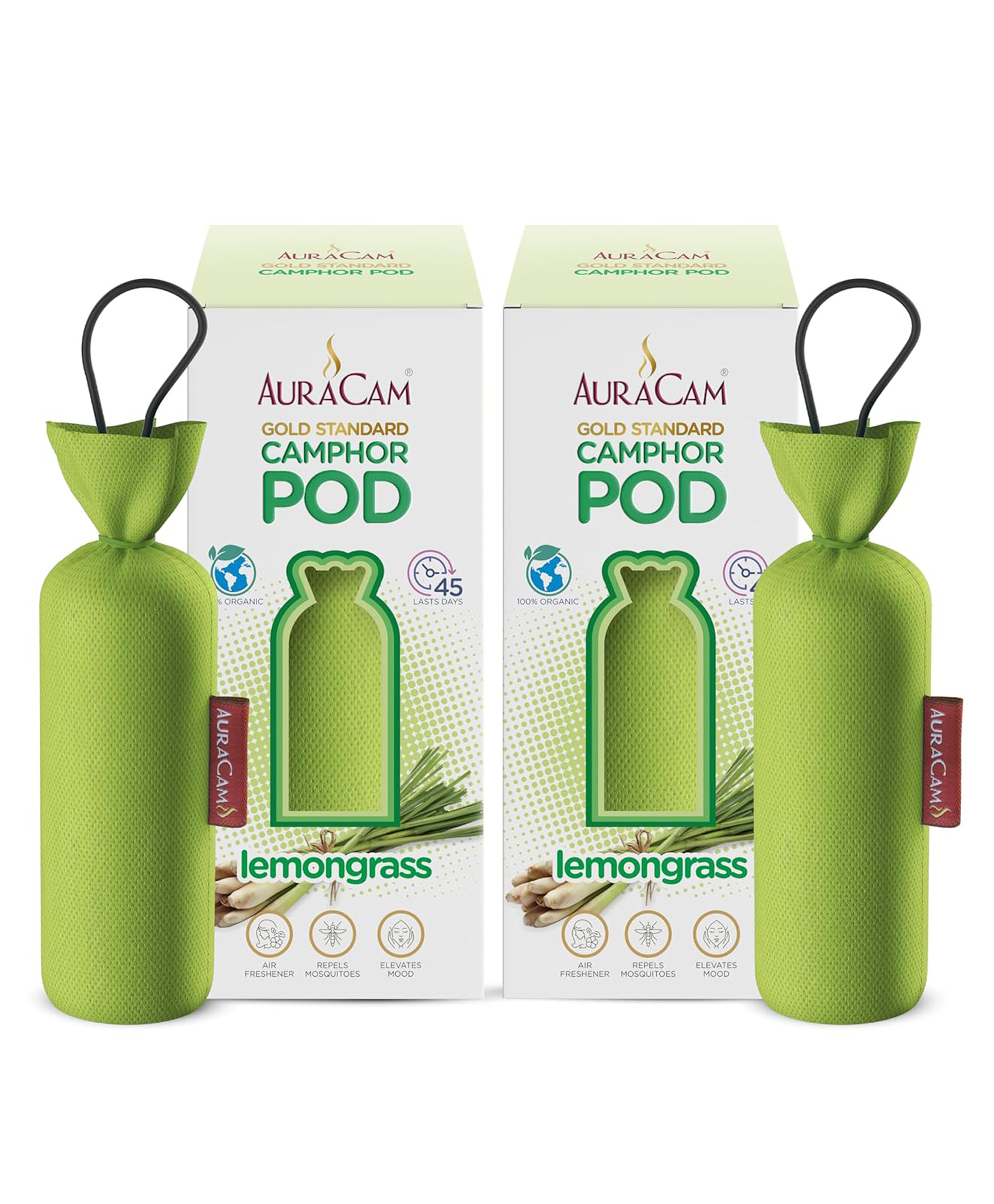 AuraCam Gold Standard Camphor Pod Cone (Lemongrass) - Set of 2 - Pod Air freshener For Room, Car, Bathroom, Office & Toilet | Long-Lasting Cone for Home-image-0
