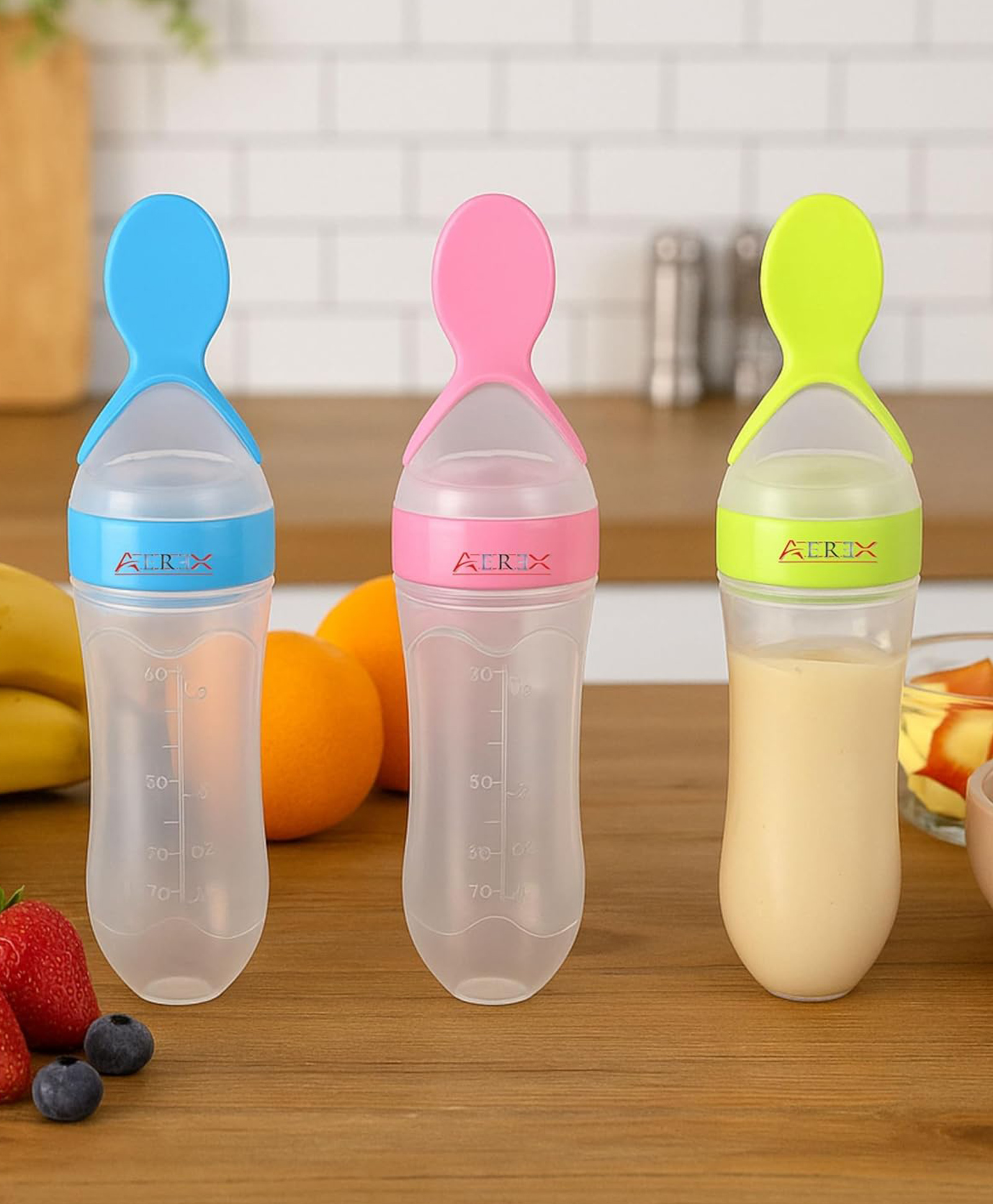 AEREX BPA Free Feeding Bottles Newborn Baby Feeding Bottle with Spoon Baby Squeezy Food Feeder for Baby Feeding Spoon Bottle for Semi-Solid Food, Cereals, Fruit Food Feeder Pack of 3 (Multi)-image-26