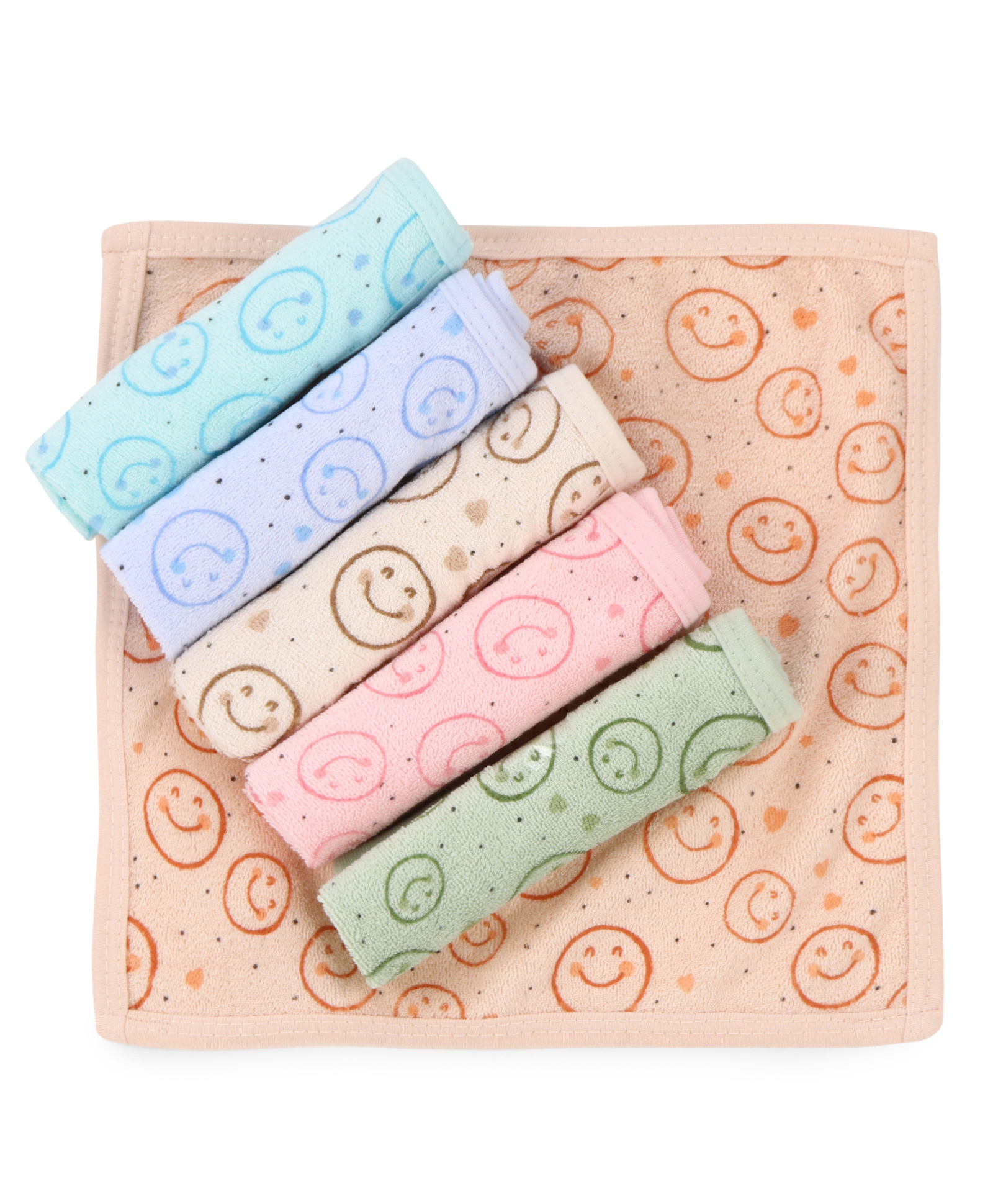 Simply Terry Knit Hand & Face Towels With Smiley Print Pack of 6 L 25 x B 25 cm - Peach Light Green & Light Blue-image-45
