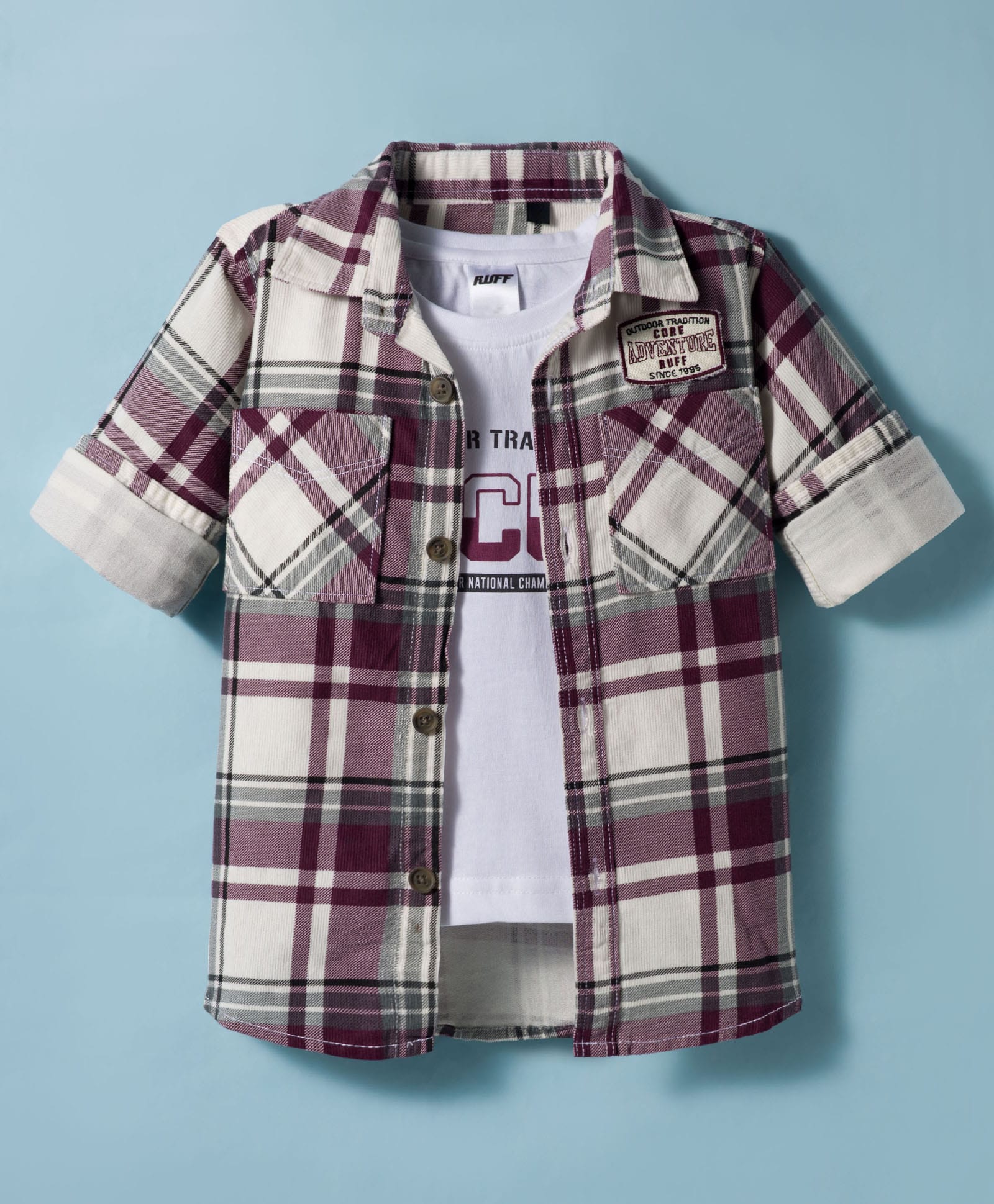 Ruff 100% Cotton Corduroy Woven Full Sleeves Checkered Shirt With Shirt - Wine-picture-12