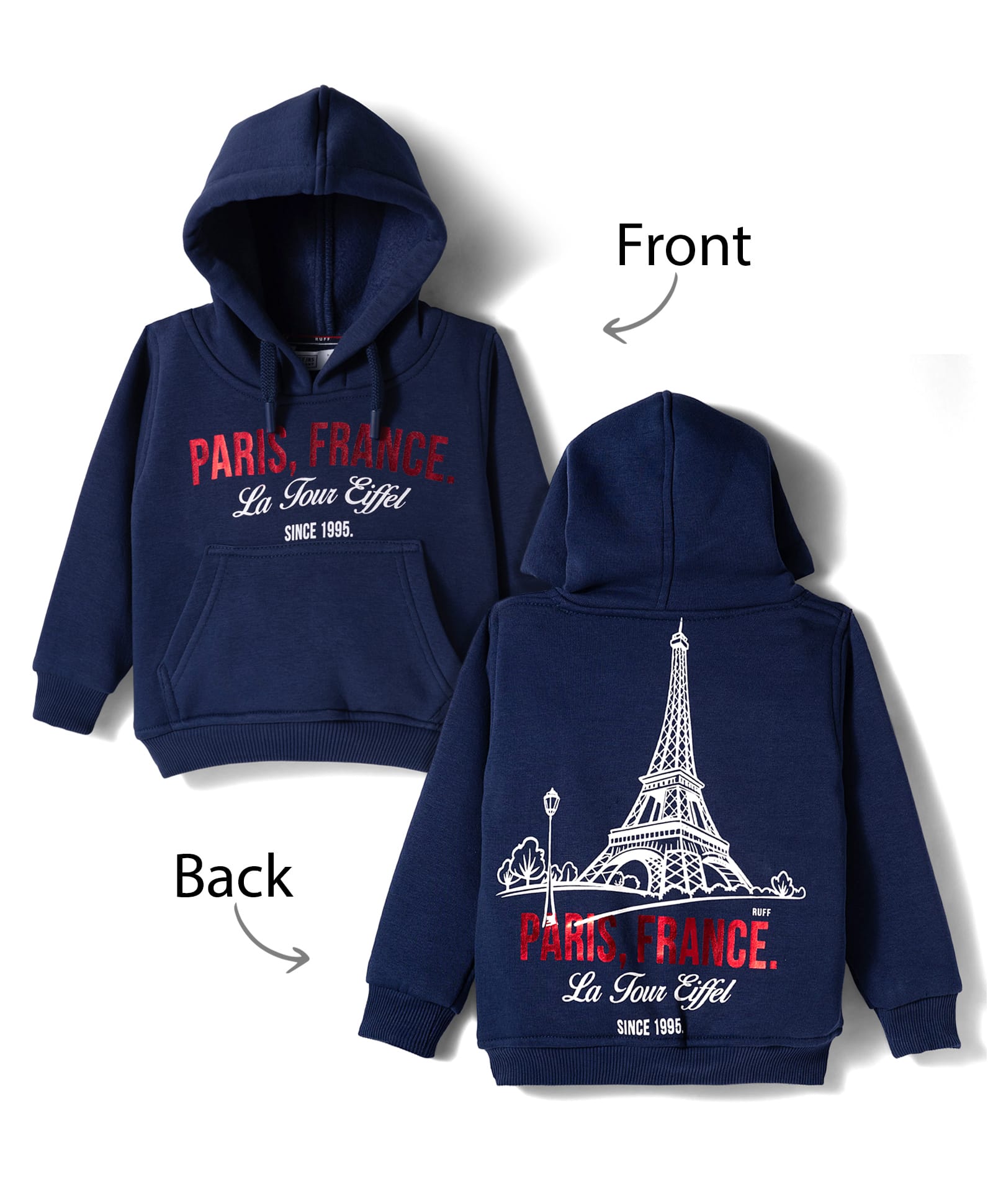 Ruff Fleece Knit Full Sleeves Hooded Sweatshirt with Front & Back Paris Graphic & Kangaroo Pocket - Navy Blue-picture-2