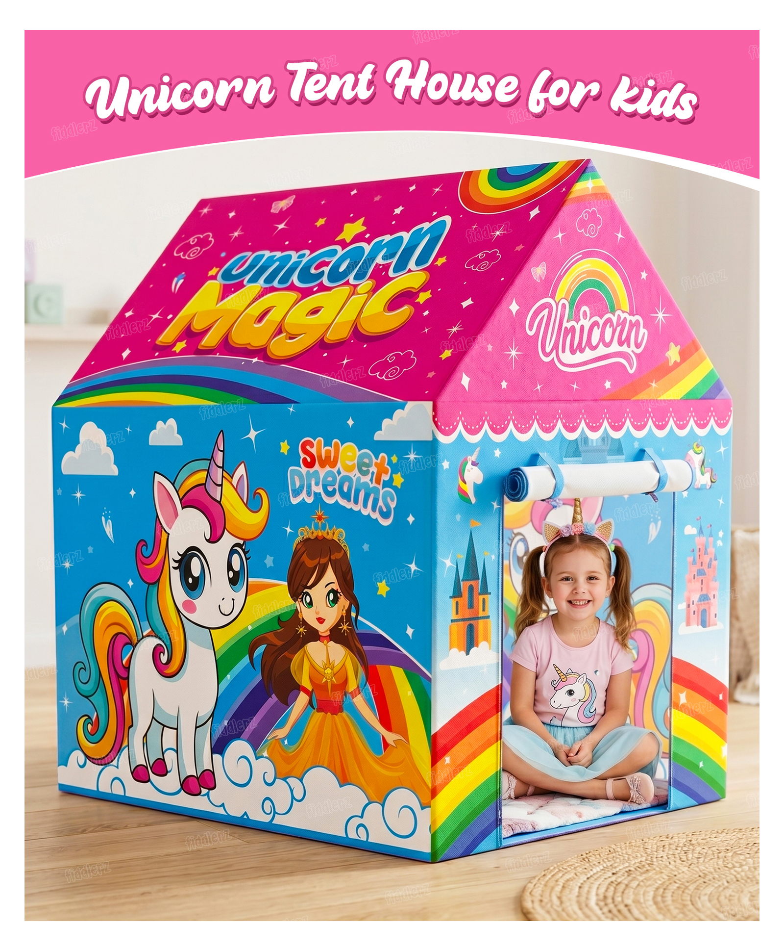 Fiddlerz Unicorn Foldable Tent House for Girls Big Size Indoor Outdoor Hut Style Tent House for Kids Age 3+ (Multicolor)-image-6