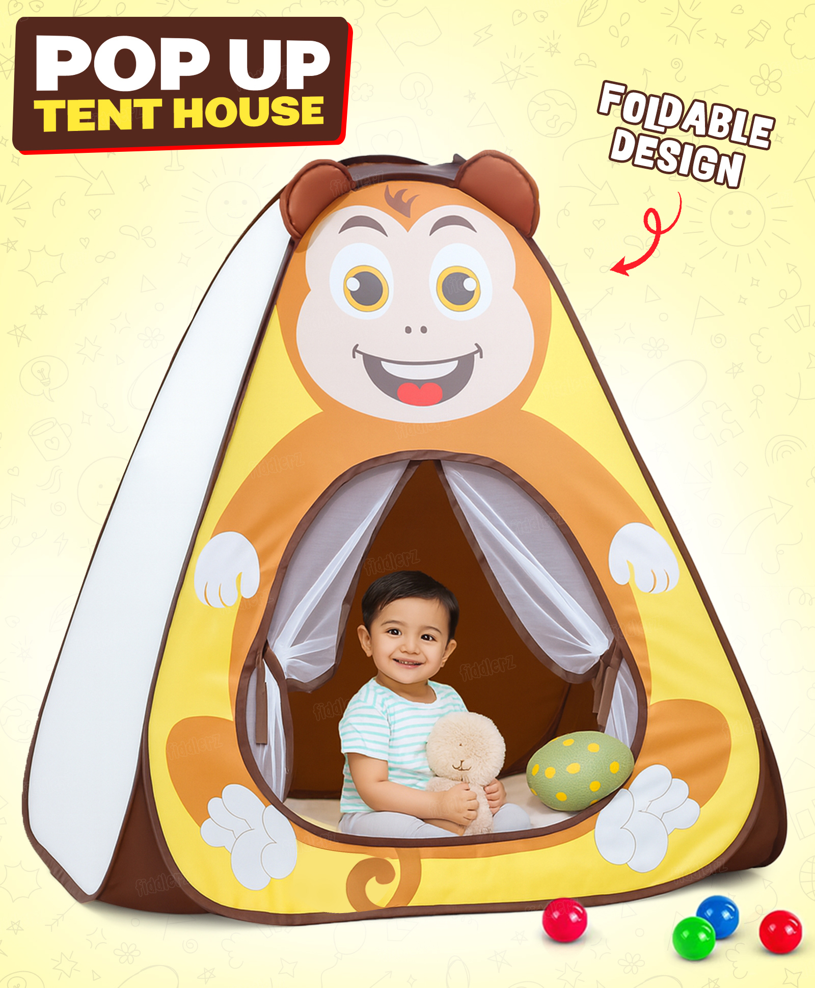 Fiddlerz Popup Play Tent for Kids Monkey Design Foldable Colorful Tent House for Boys & Girls Age 1 to 4 (Balls Not Included) - Yellow-image-43