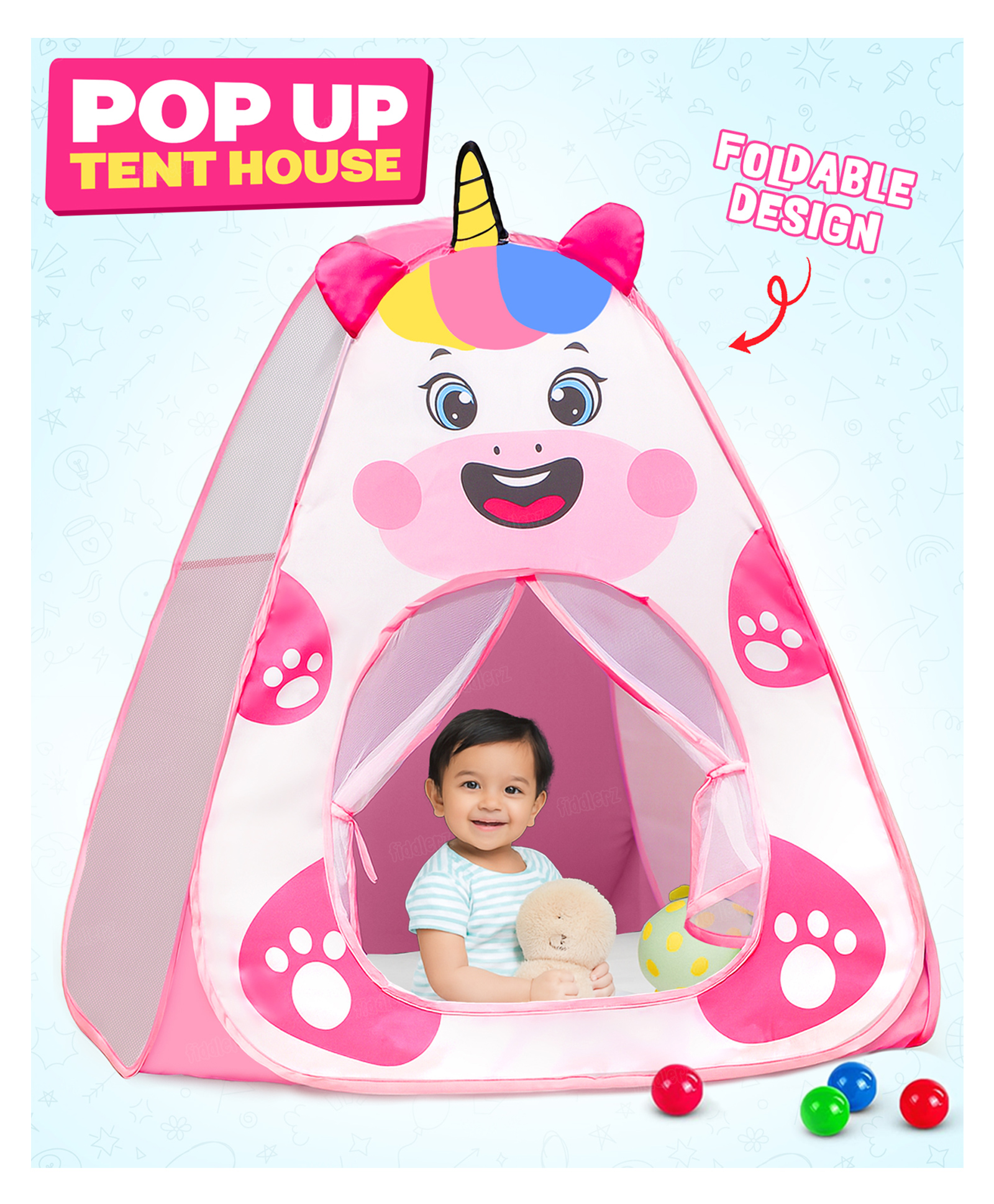 Fiddlerz Popup Play Tent for Kids Unicorn Design Foldable Colorful Tent House for Boys & Girls Age 1 to 5 - Pink-picture-17