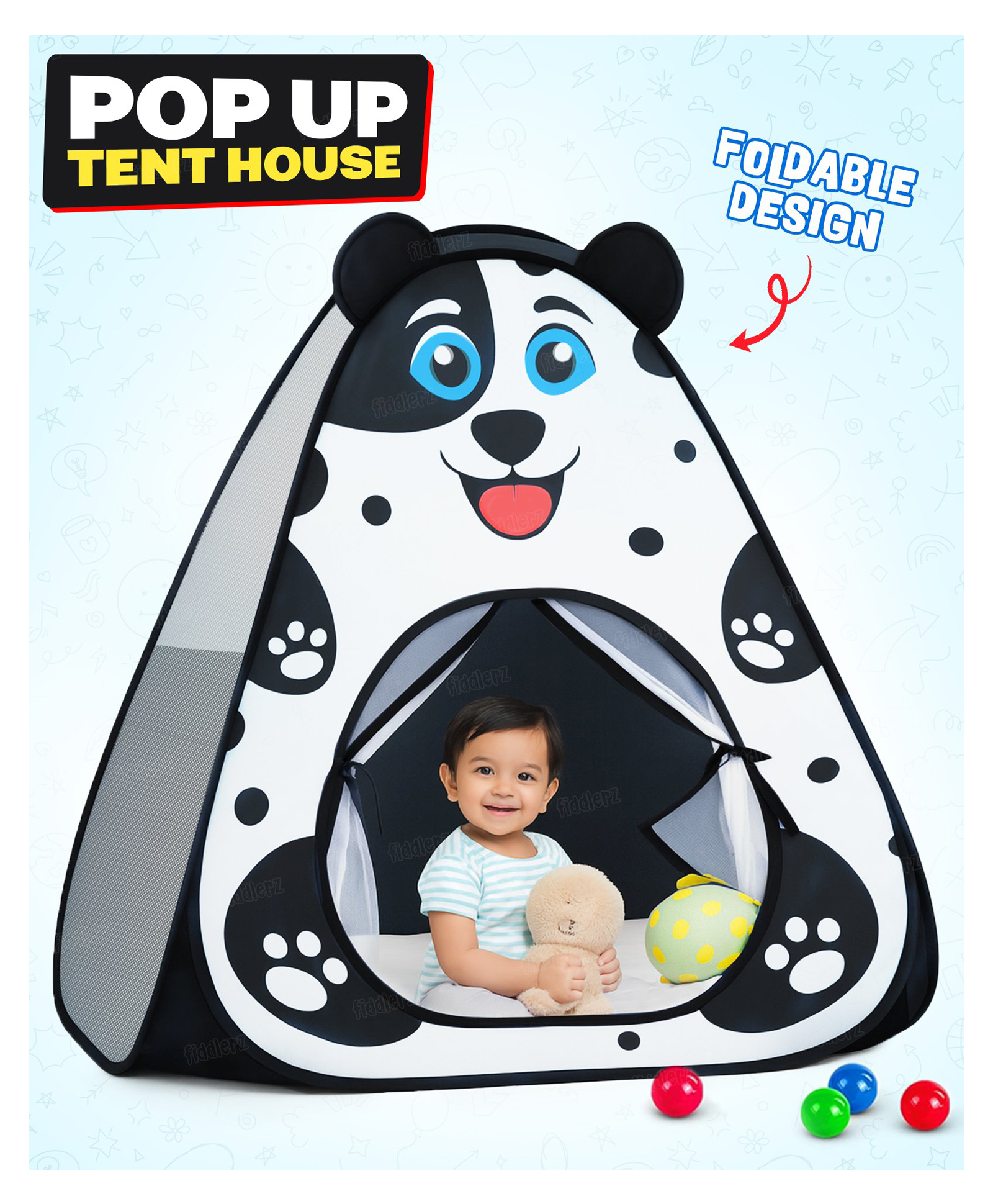 Fiddlerz Popup Play Tent for Kids Dog Design Foldable Colorful Tent House for Boys & Girls Age 1 to 5 - White-picture-35