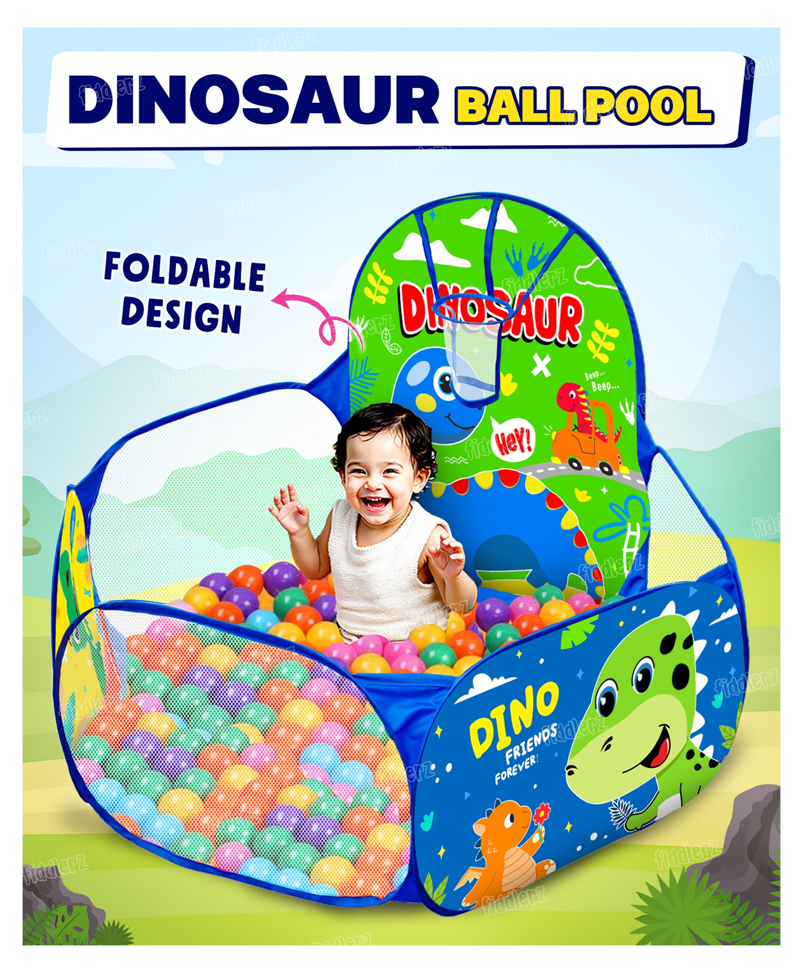 Fiddlerz Dino Ball Pool Play Tent for Kids Large Foldable Pop-Up Indoor Outdoor Ball Pit Fun Activity Playhouse for Boys and Girls (Balls not included)-image-16