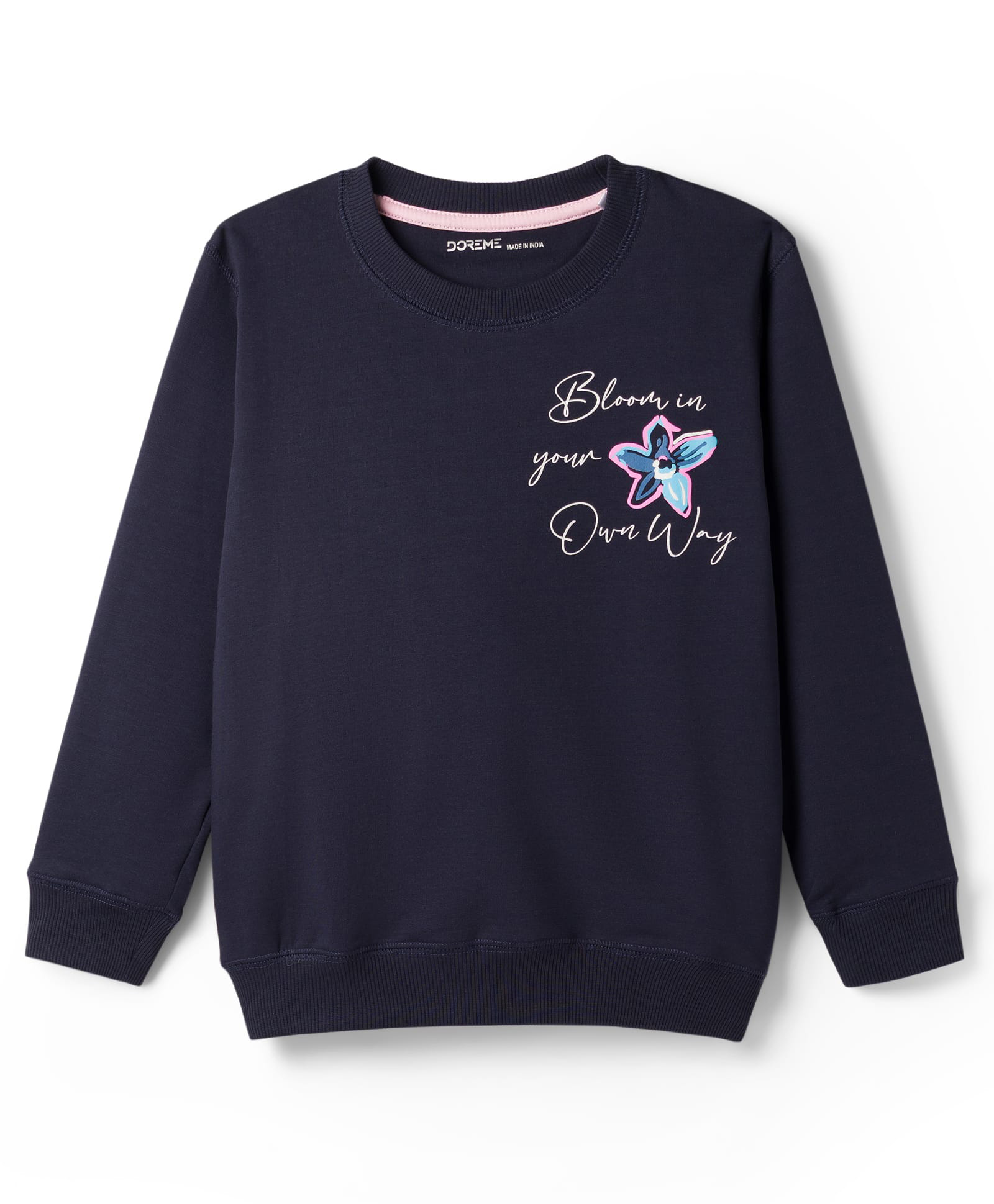 Doreme Terry Knit Full Sleeves Sweatshirt with Front & Back Text Graphic - Navy Blue-picture-23