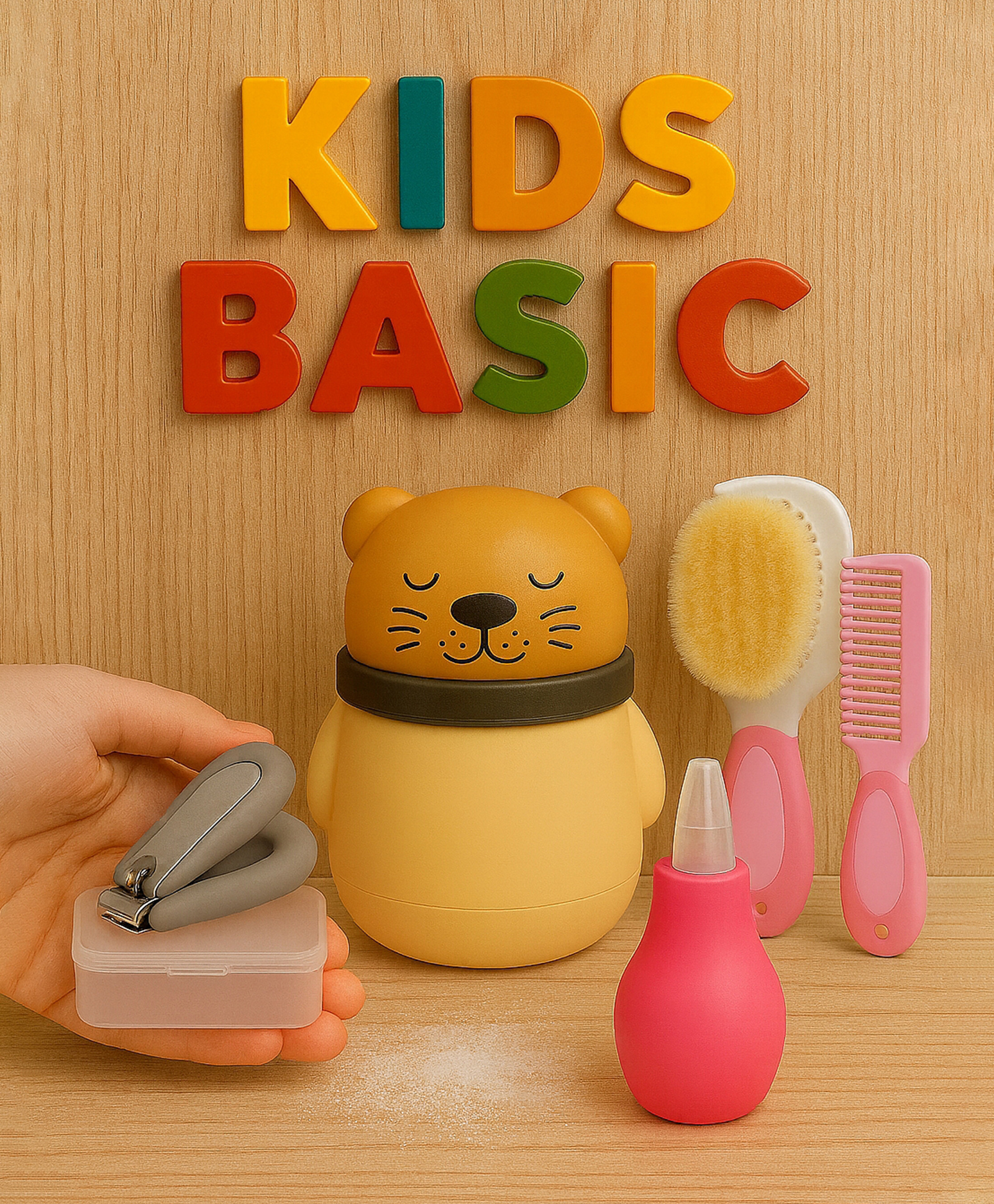 KIDS BASIC Baby Care Grooming Essential Combo | Teddy Style Powder Puff + Nail Cutter + Nose Sucker + Hair Brush & Comb Set- Brown, Grey, Pink, Pink-image-49