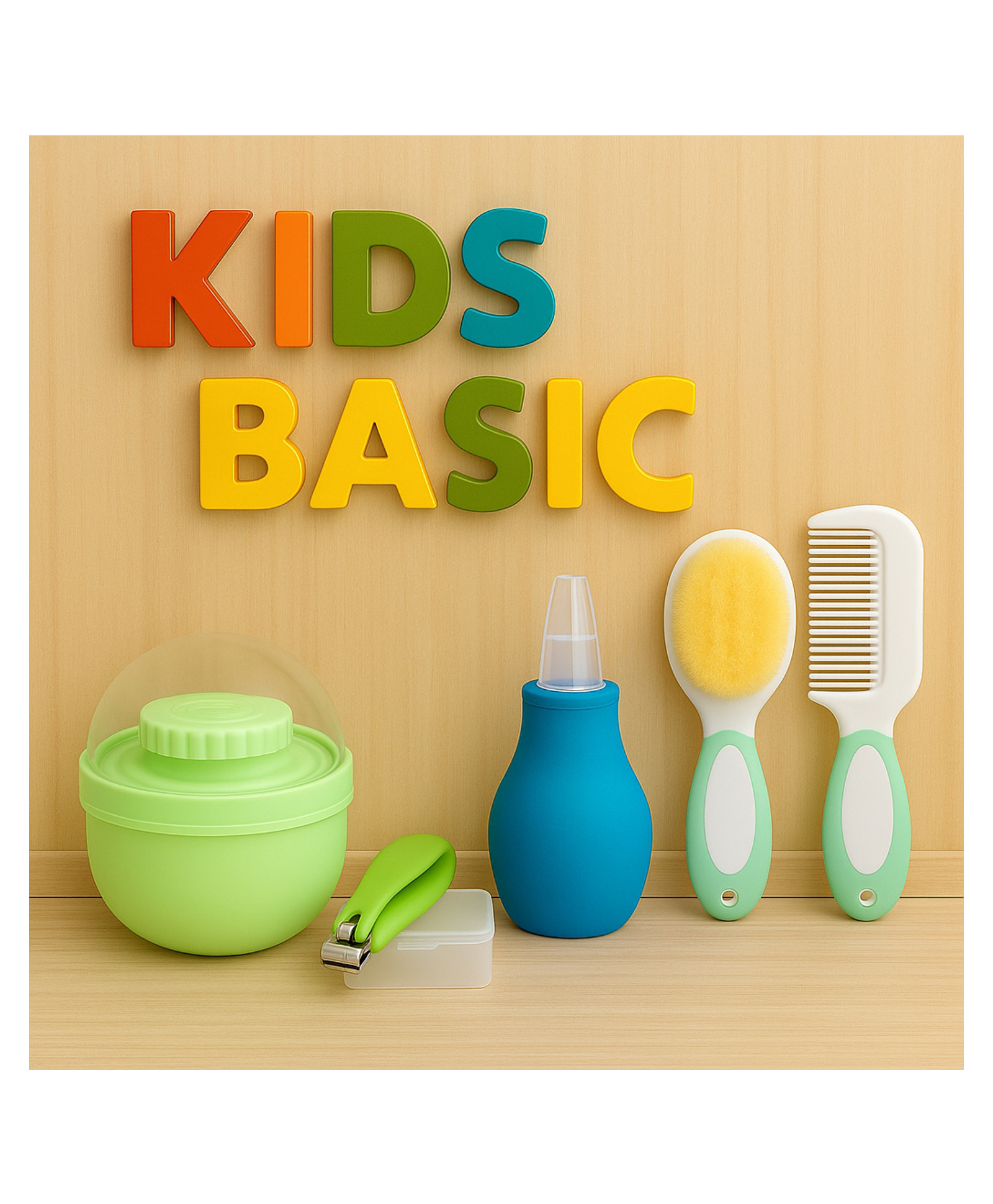 KIDS BASIC Baby Care Grooming Essential Combo | Soft Powder Puff with Built-In Storage Case + Nail Cutter + Nose Sucker + Hair Brush & Comb Set- Green, Green, Blue, Green-image-21