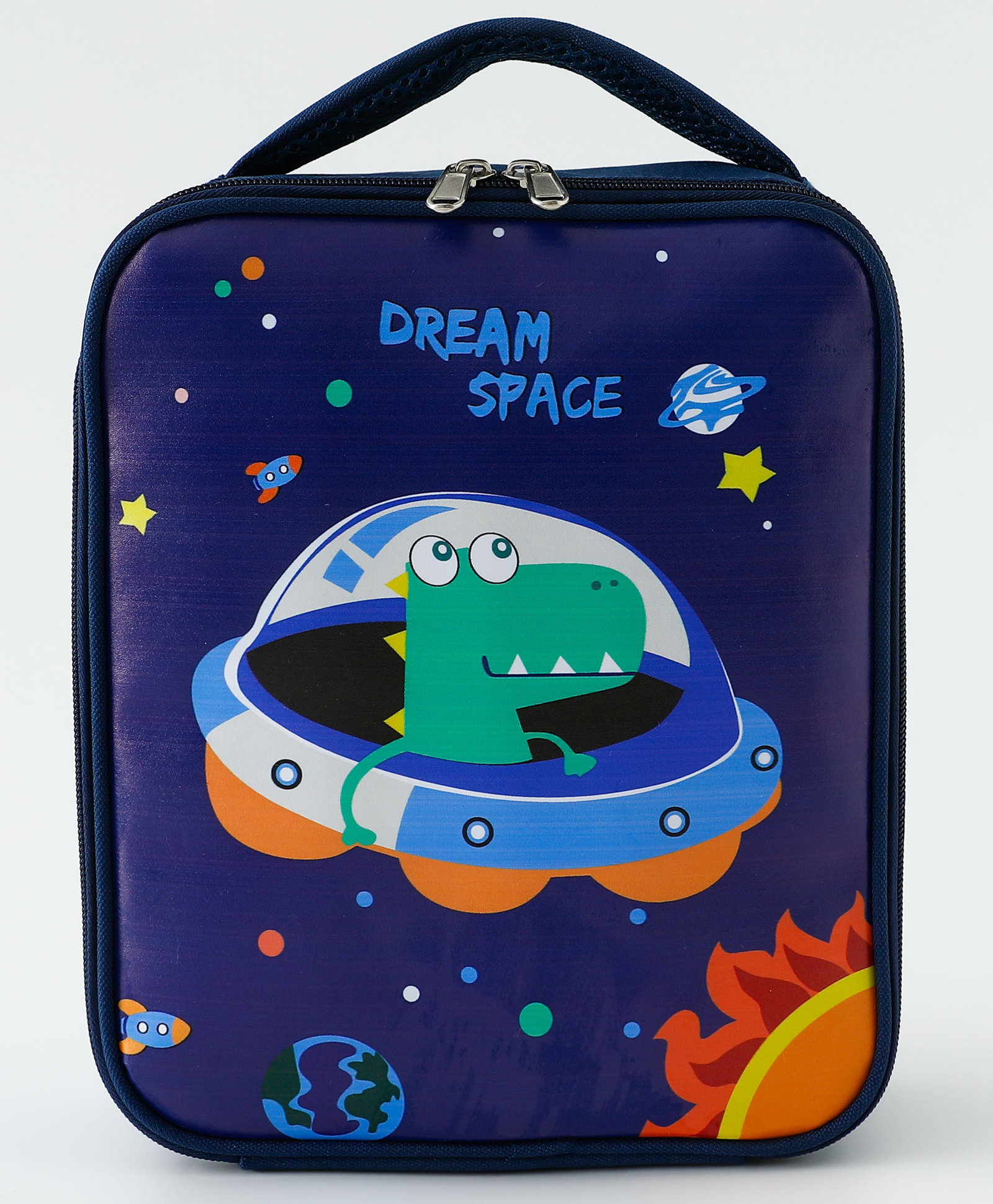 Babyhug Space Dino Water Resistant Lunch Bag - Dark Blue| Compact & Lightweight Lunch Carry Bag for Kids & Parents
