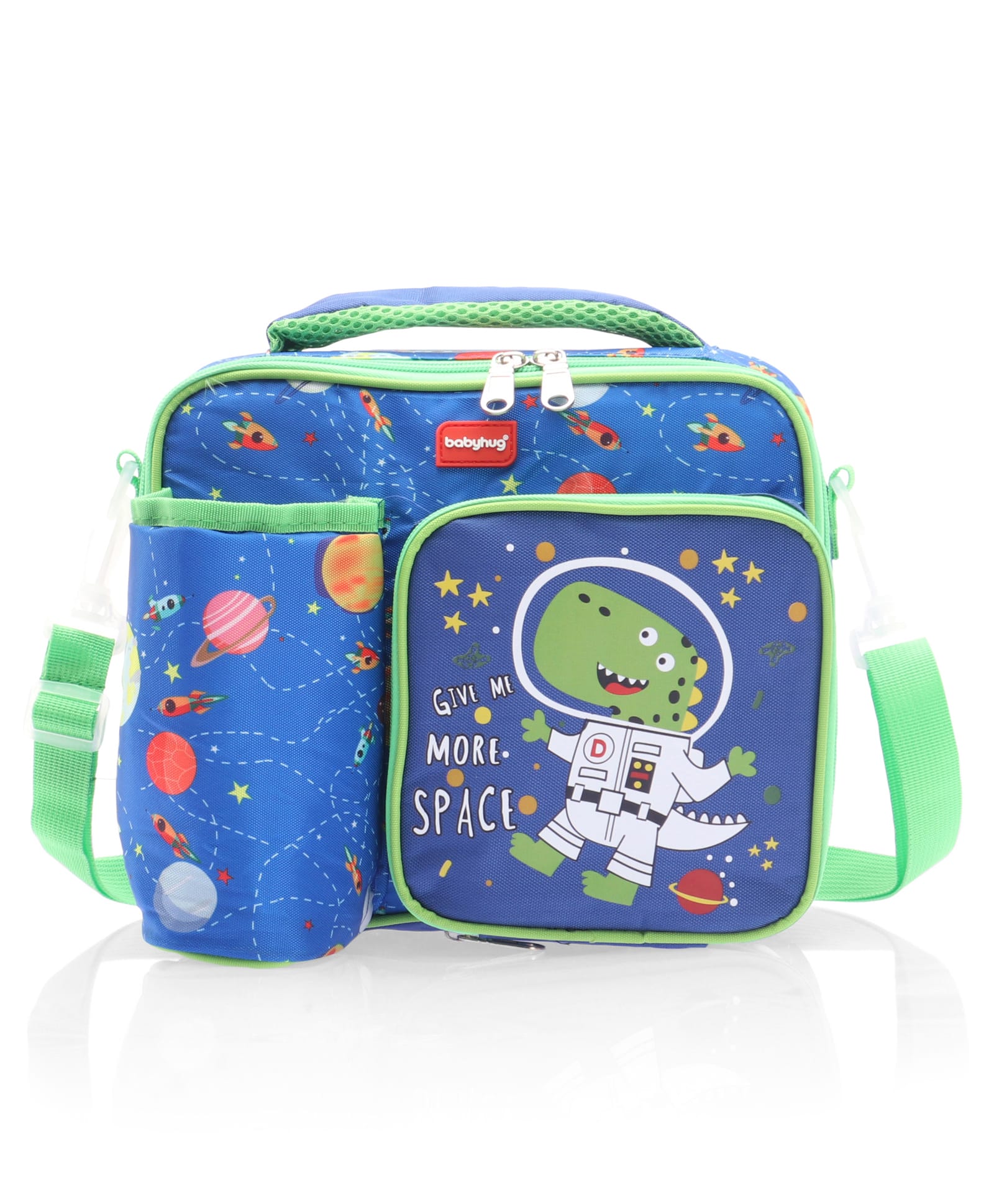 Babyhug Dino Kids Lunch Bag with Bottle Pouch and Front Pocket - Blue+Green| Adjustable Shoulder Strap| Lunch Carry Bag for School & Travel for Boys & Girls-image-12