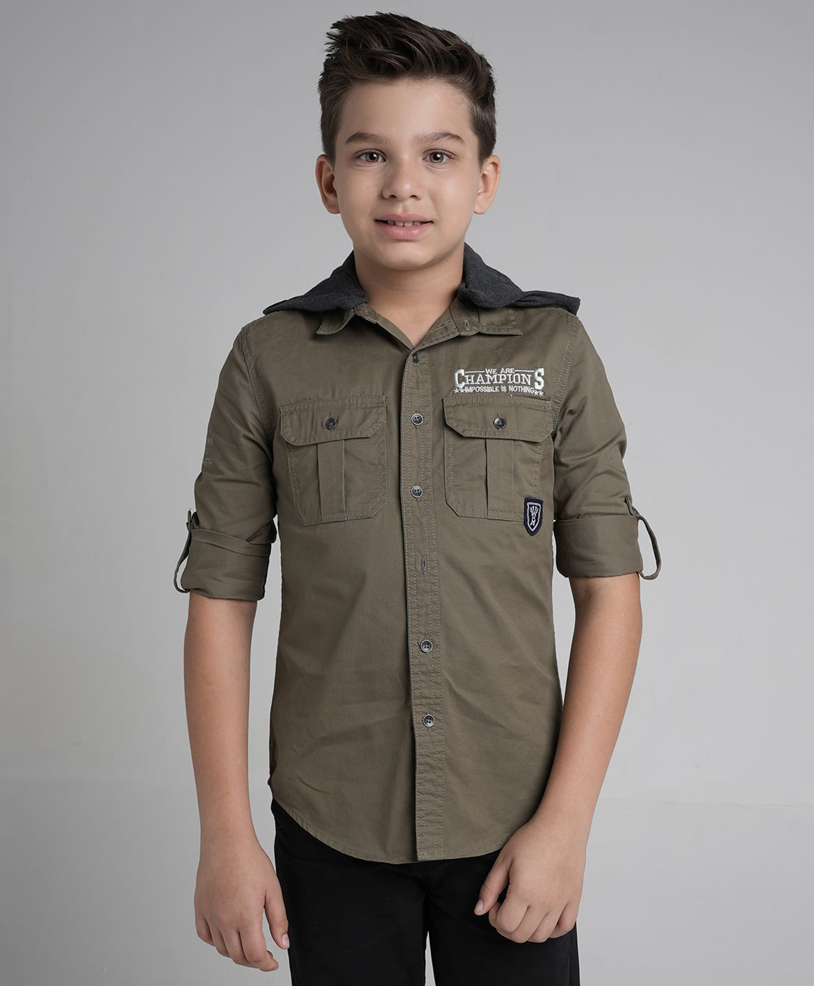 Under Fourteen Only Full Sleeves We Are Champions Text Embroidered Shirt With Detachable Hoodie - Olive Green-picture-27