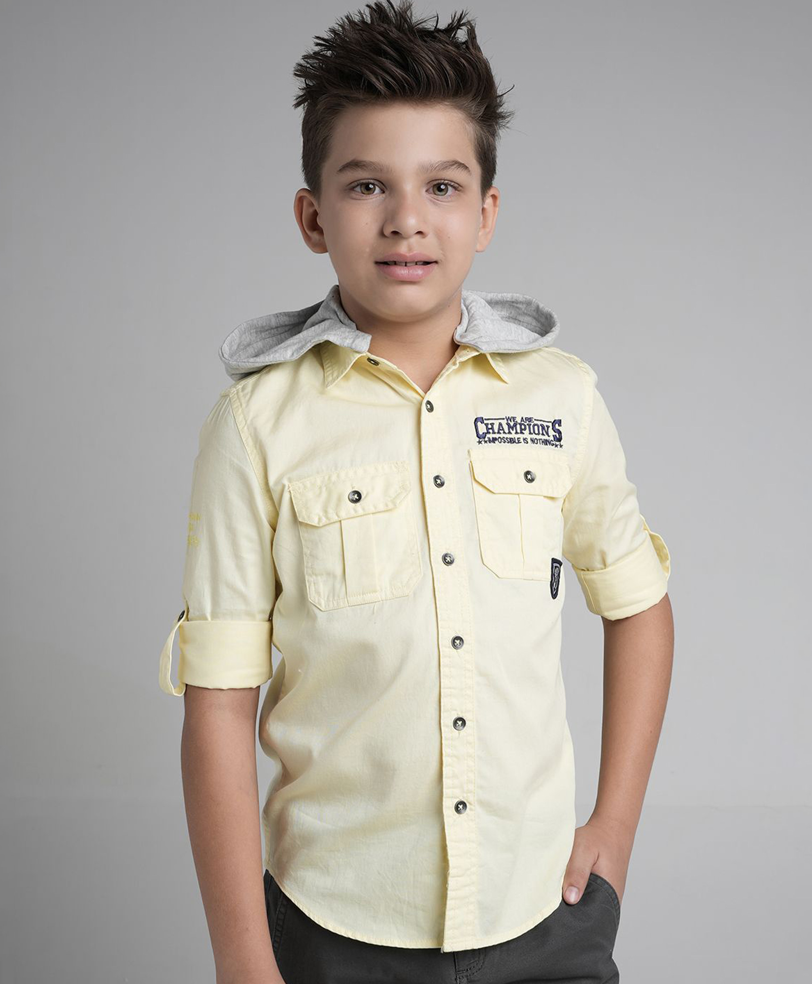 Under Fourteen Only Full Sleeves We Are Champions Text Embroidered Shirt With Detachable Hoodie - Yellow-picture-26