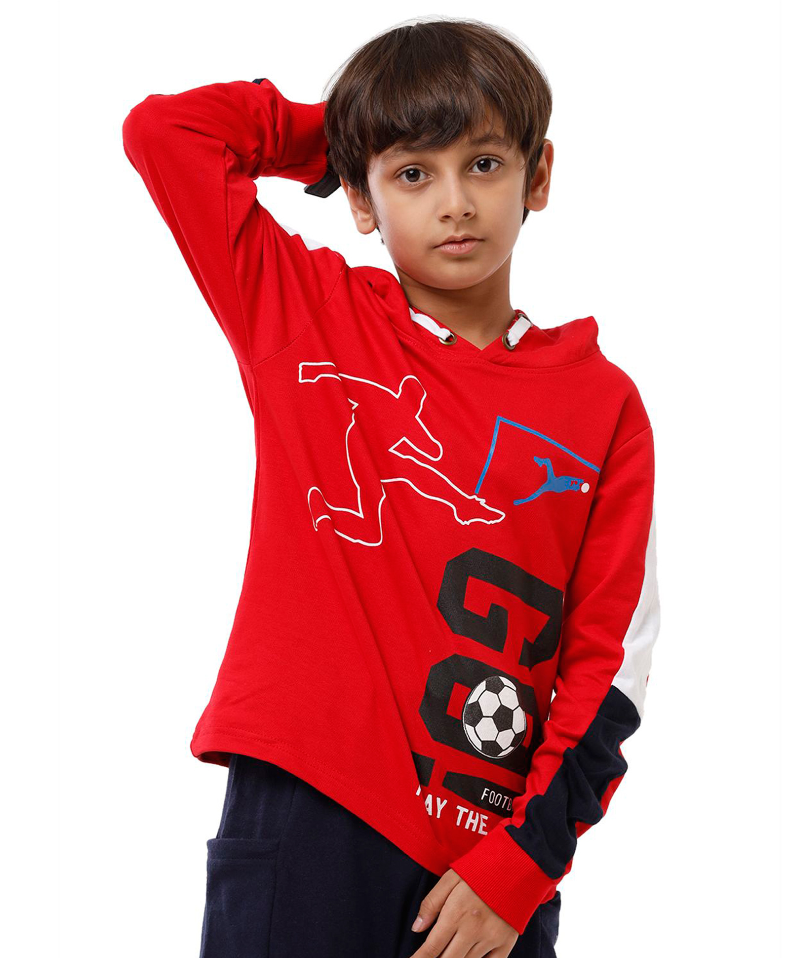 Under Fourteen Only Full Sleeves Football Printed Hooded Light Winter Sweatshirt - Red-image-32