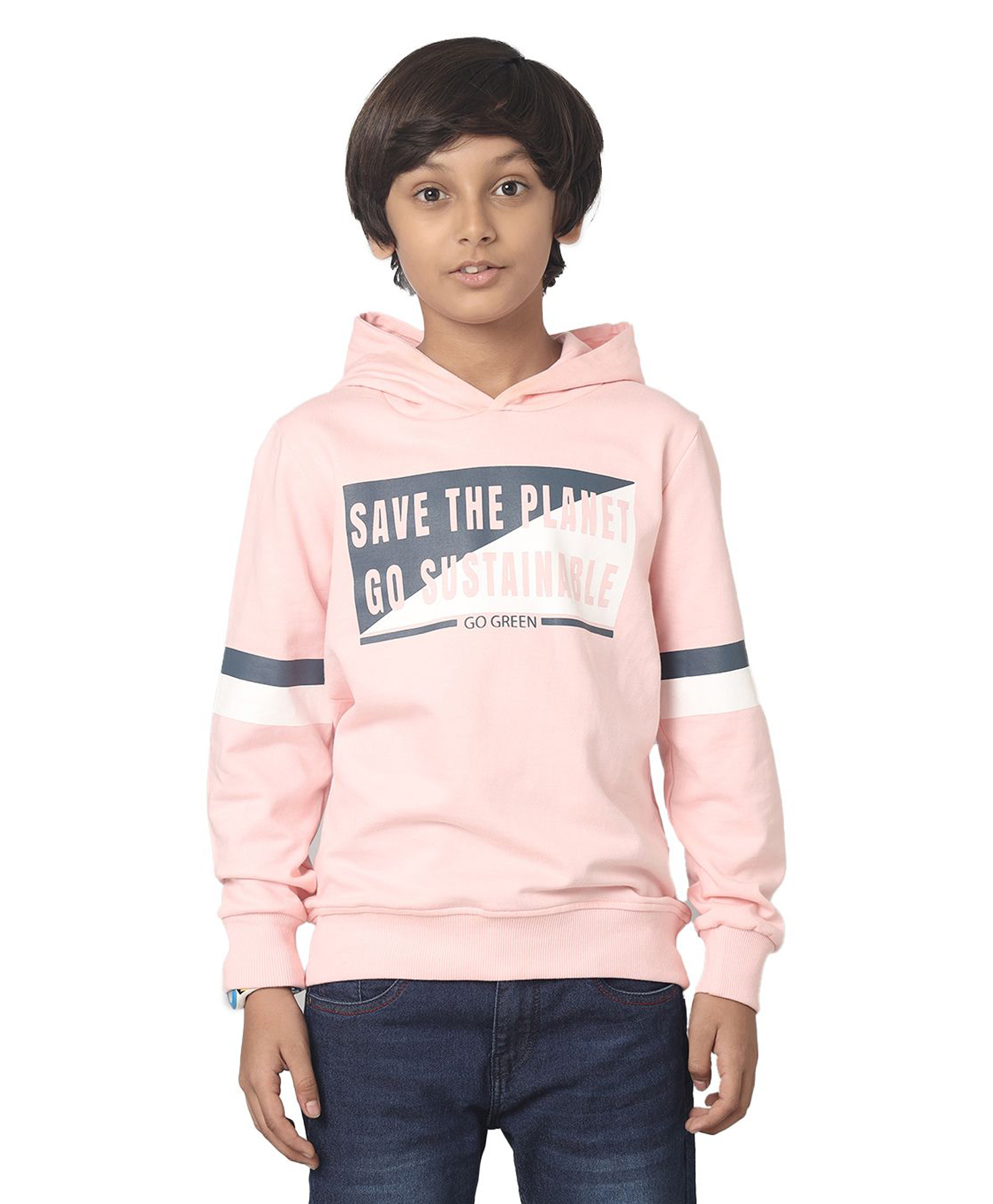 Under Fourteen Only Full Sleeves Save The Planet Text Printed Hooded Light Winter Sweatshirt - Peach-image-2