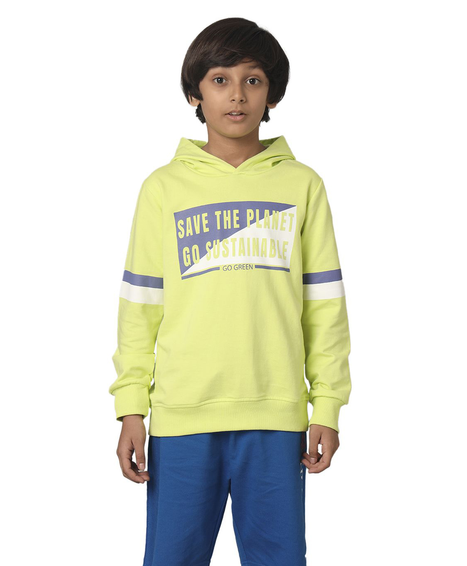 Under Fourteen Only Full Sleeves Save The Planet Text Printed Hooded Light Winter Sweatshirt - Yellow-picture-12