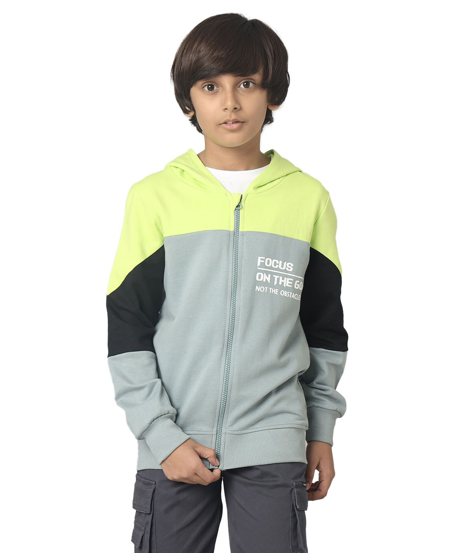 Under Fourteen Only Full Sleeves Focus On The Goal Text Printed Hooded Light Winter Jacket - Neon Green-image-9