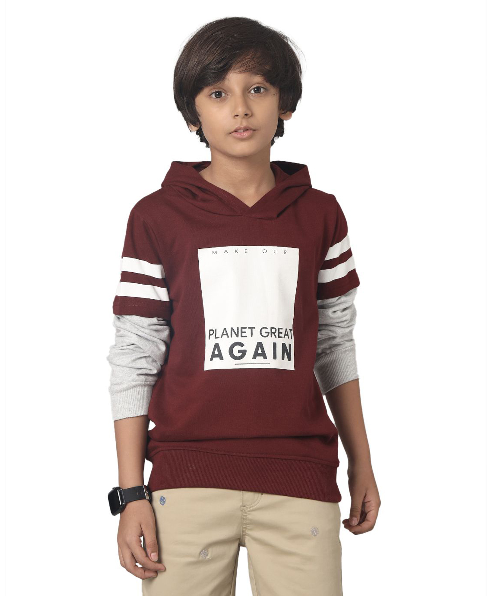 Under Fourteen Only Full Sleeves Make Our Planet Great Again Text Printed Hooded Light Winter Sweatshirt - Maroon-image-35