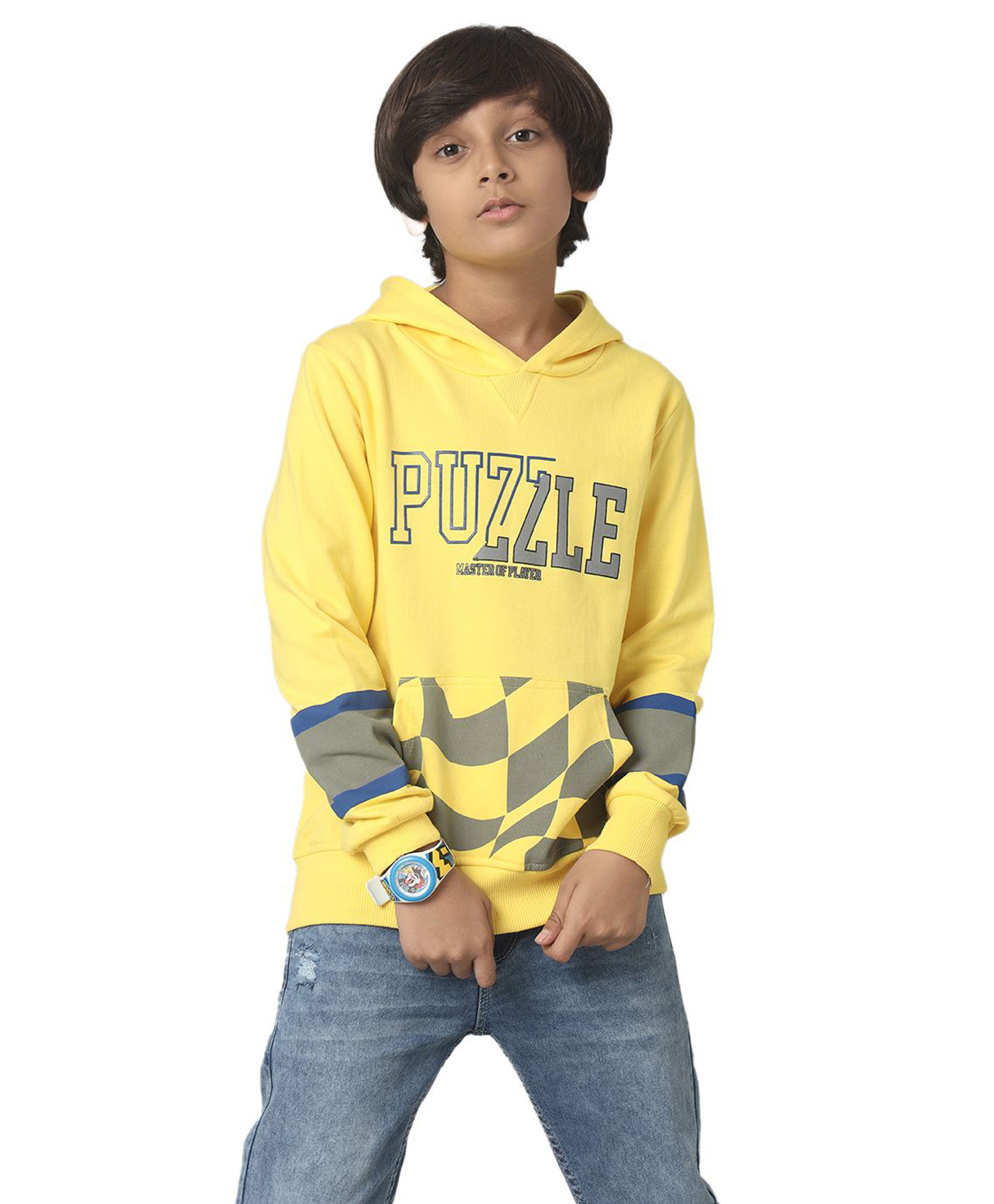 Under Fourteen Only Full Sleeves Puzzle Text Printed Light Winter Hoodie - Yellow-image-30