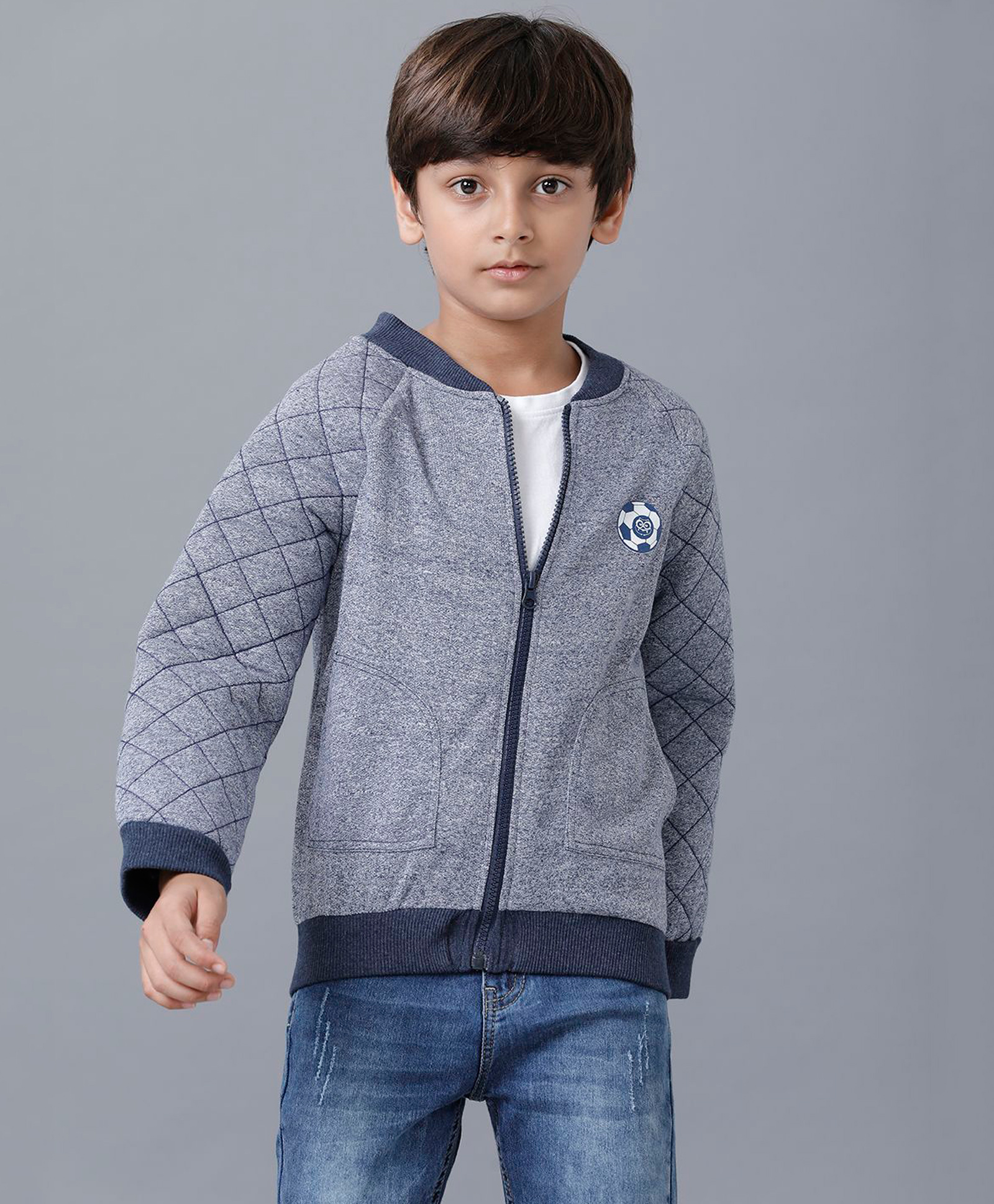 Under Fourteen Only Full Sleeves Football Printed Quilted Jacket - Navy-picture-13