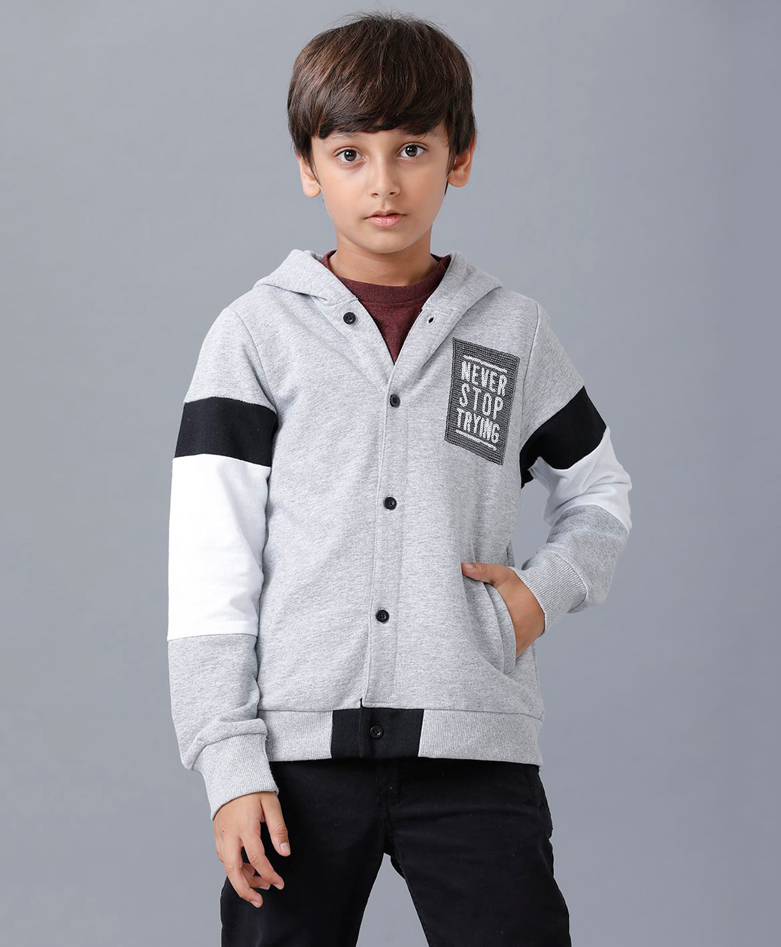 Under Fourteen Only Full Sleeves Never Stop Trying Text Sequins Embellished Hooded Light Winter Jacket - Grey Melange-image-12
