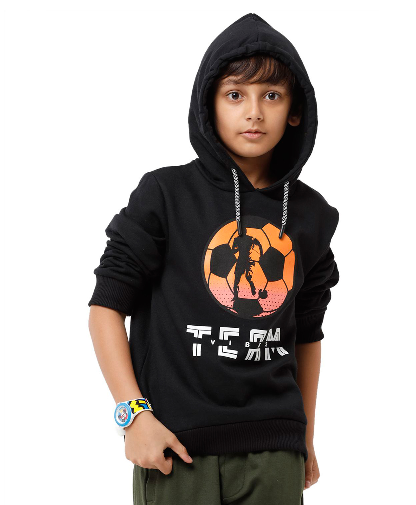 Under Fourteen Only Full Sleeves Football Printed Hooded Light Winter Sweatshirt - Black-picture-39