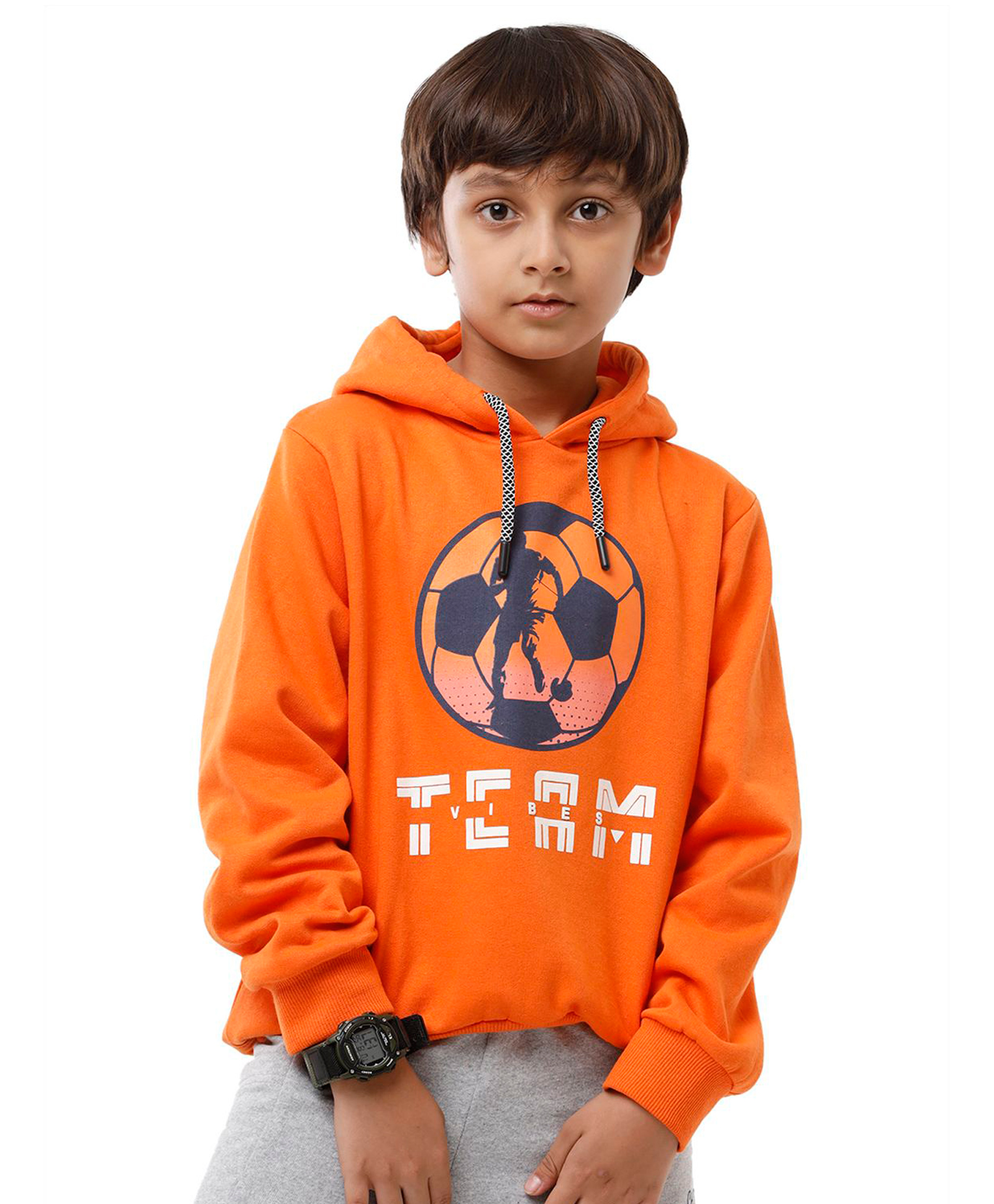 Under Fourteen Only Full Sleeves Football Printed Hooded Light Winter Sweatshirt - Orange-image-31