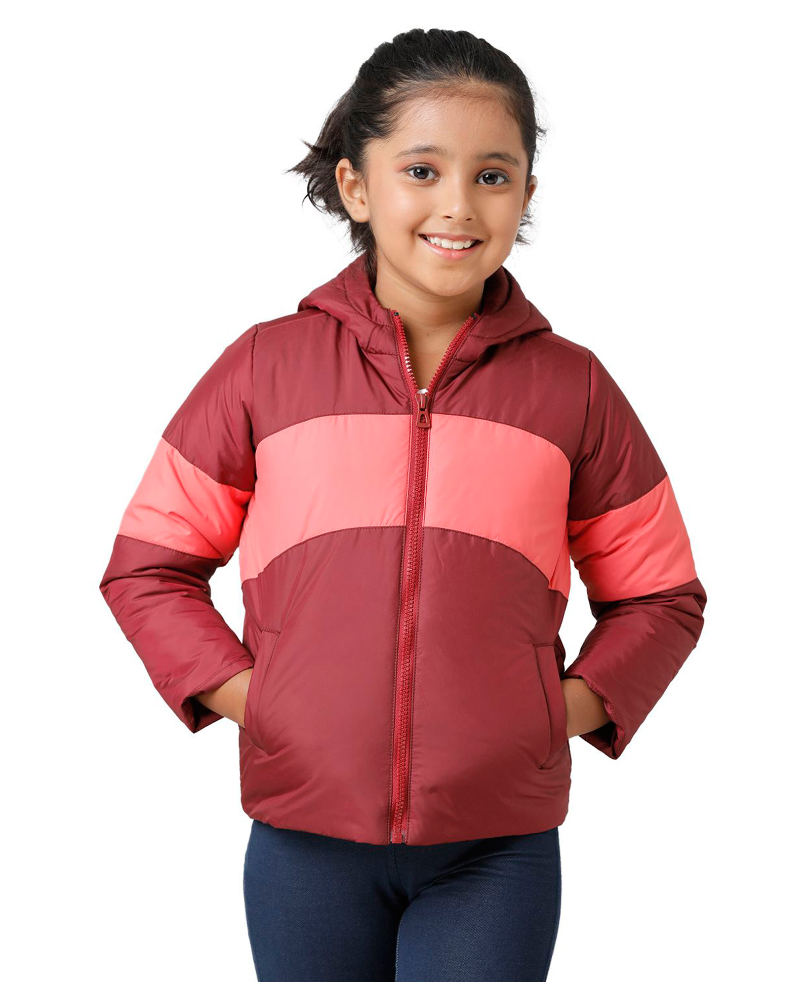 Under Fourteen Only Full Sleeves Colour Blocked Hooded Light Winter Jacket - Maroon-image-23