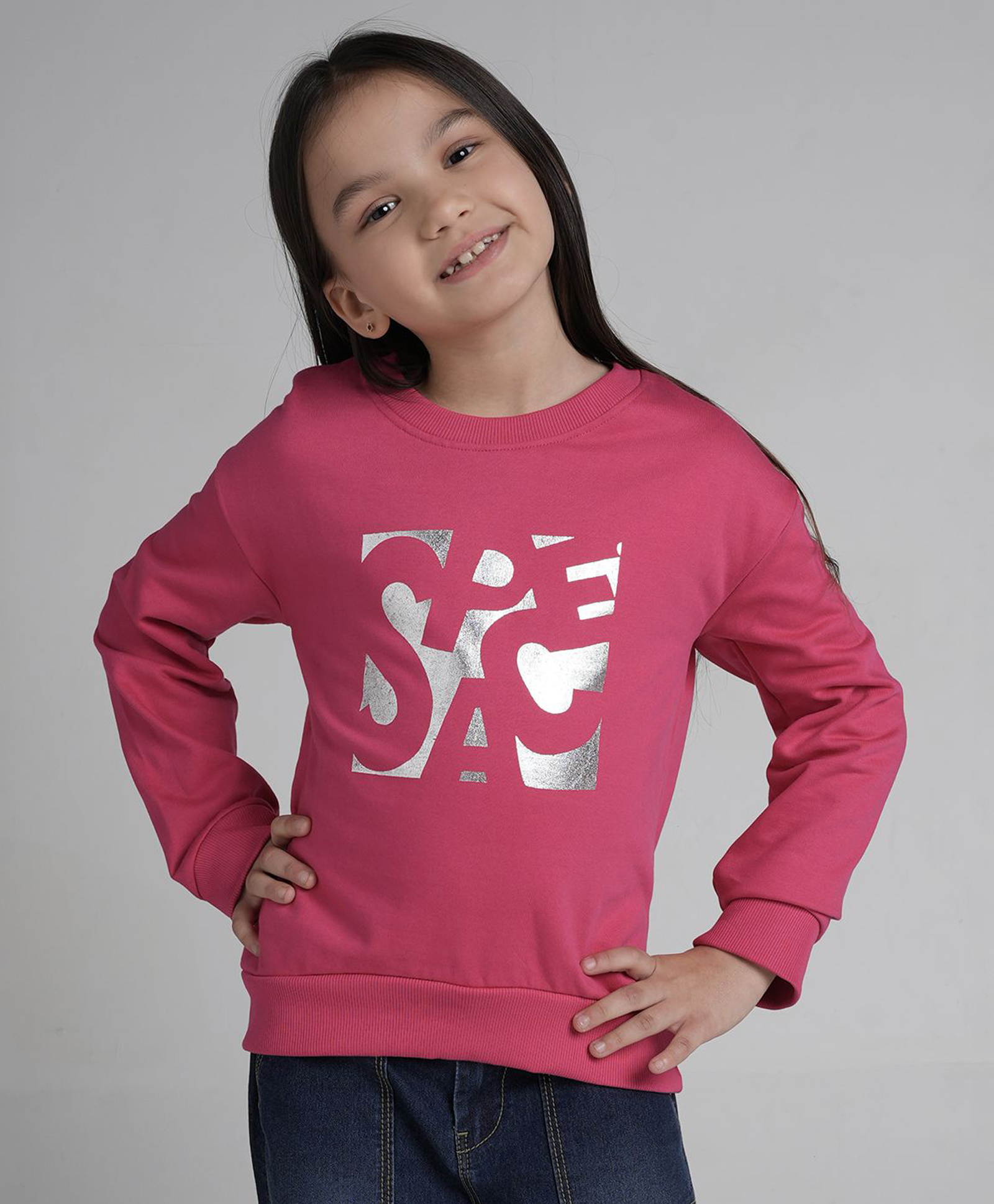 Under Fourteen Only Full Sleeves Space Text Printed Light Winter Sweatshirt - Pink-image-39