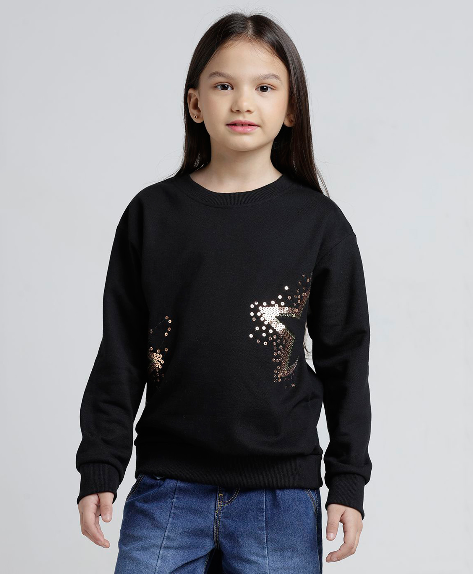Under Fourteen Only Full Sleeves Star Designed Sequins Embellished Light Winter Sweatshirt - Black-image-36